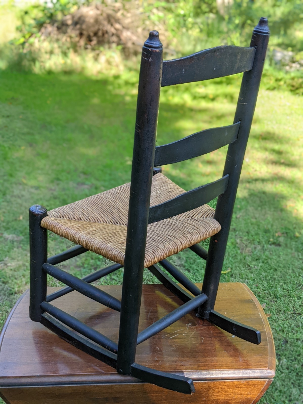 Antique Early American 29″ Child’s Ladder-Back Hitchcock Rush Seat Rocking Chair
