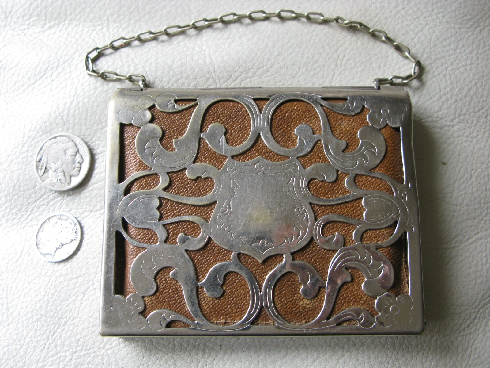 Antique German Silver Floral Lt Brown Leather Interior Card Case Wallet Purse