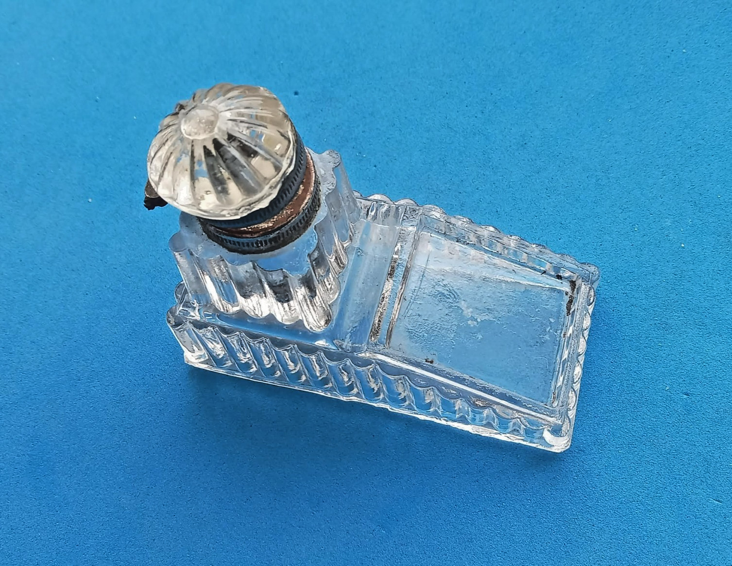 Antique Early 1900s Art Nouveau Glass Ink Well with Metal Lid