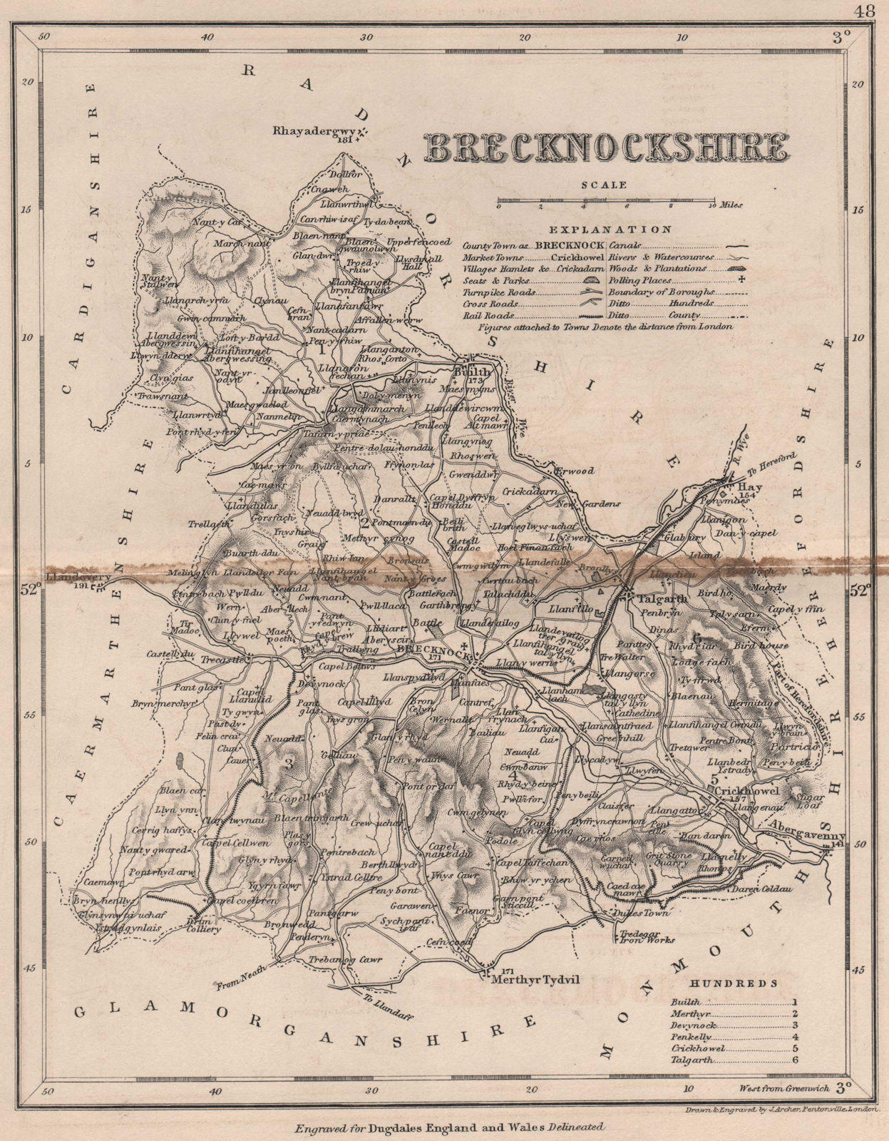 BRECKNOCKSHIRE county map. DUGDALE/ARCHER. Breconshire. Seats canals 1845