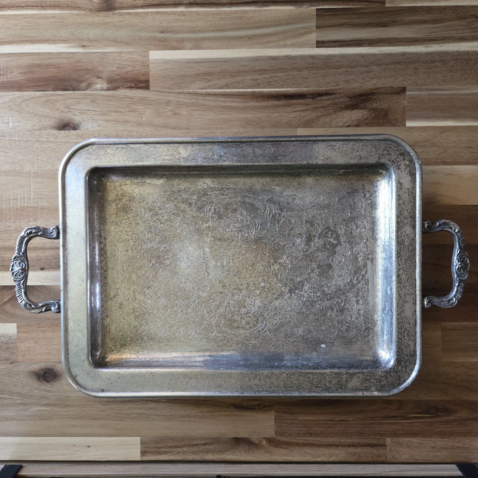 Leonard Silver Plate Tray Serving Handled Platter 13.5 X 9.5” Vintage Etched