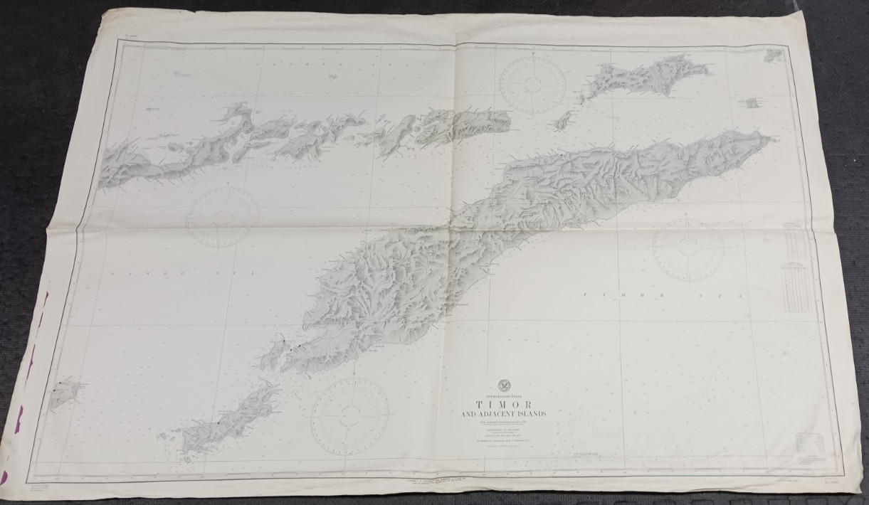 1944 1st edition TIMOR ISLANDS 36″x54″ MAP Hydrographic NAVY WWII Netherlands
