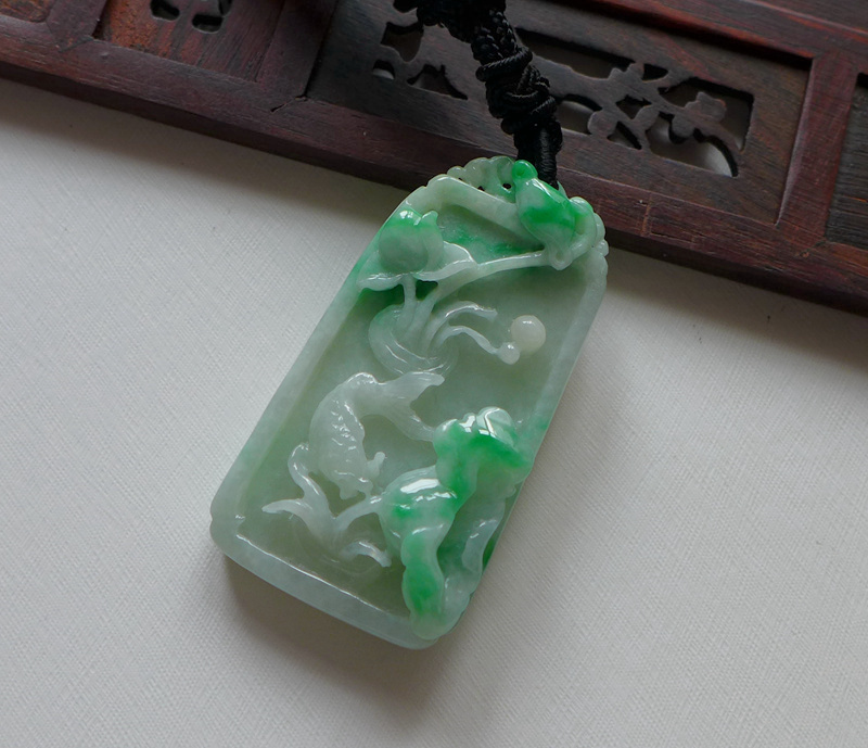 Fine Natural Type A Vintage Emerald Jadeite Jade Lotus Carp Pendant