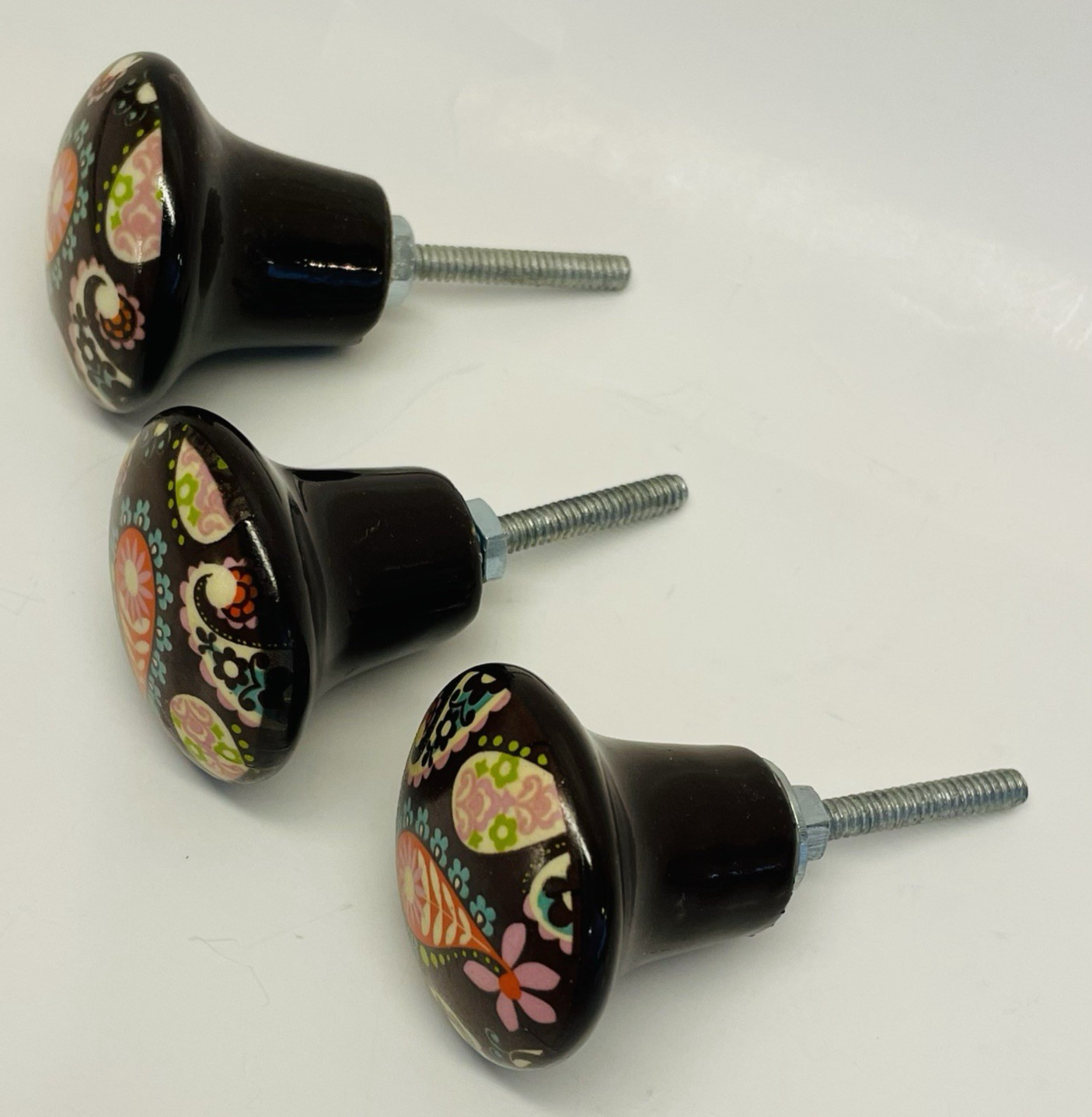 5 Floral Paisley Boho Cabinet Knobs 1.5″ Single Mount Hand Painted Drawer Pulls