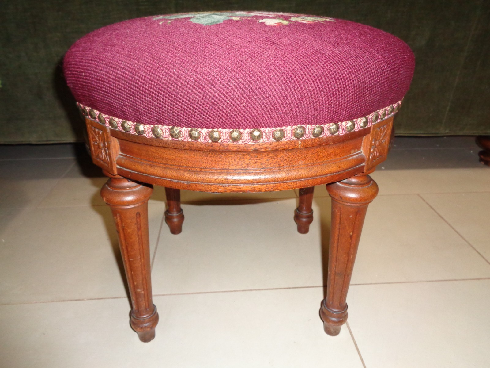 Antique Victorian Walnut Round Footstool Original Needlework Upholstery