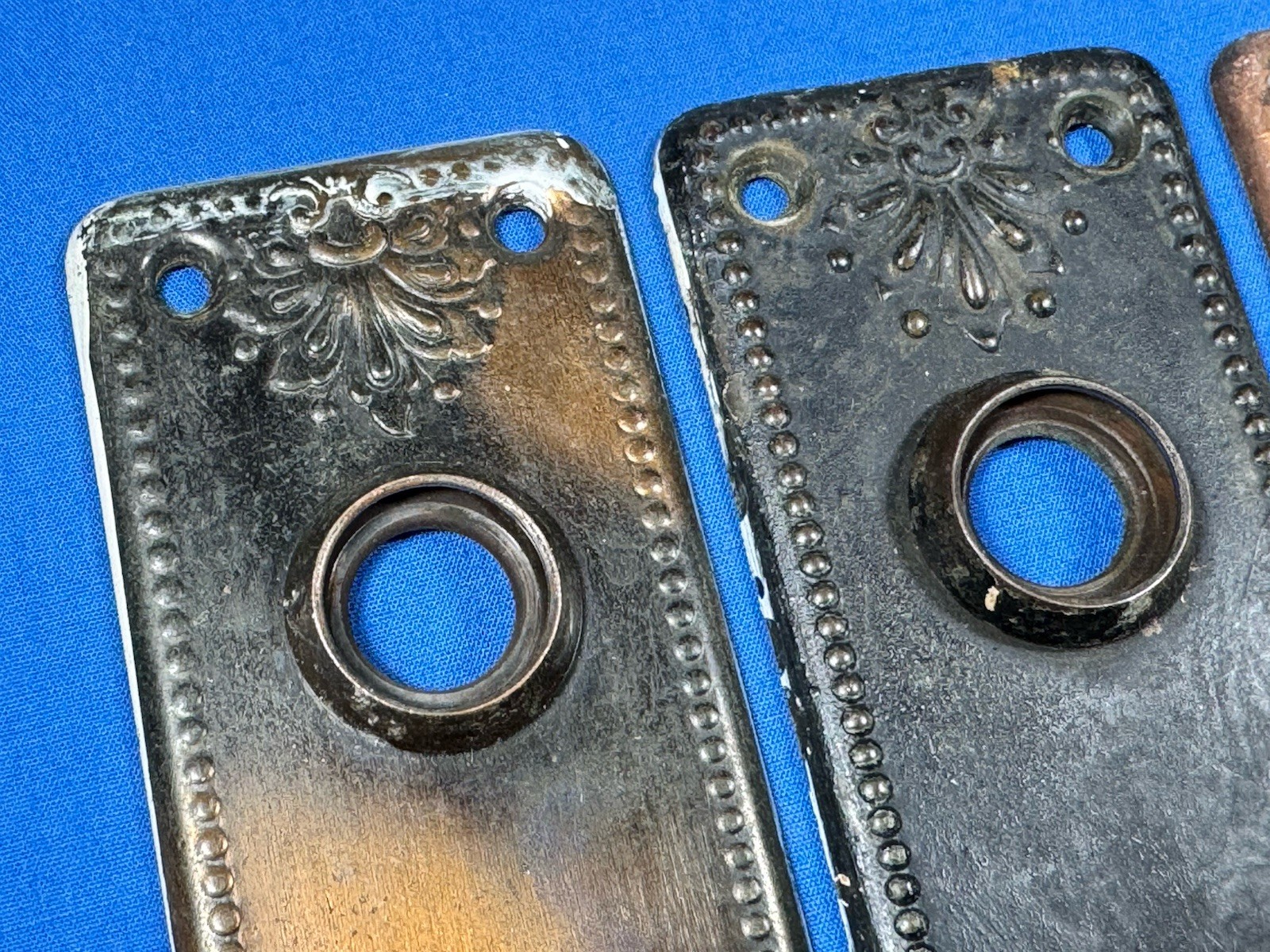 3 C.1910 Door Knob Backplates, Matching Art Nouveau Design 5 3/4″ x 1 7/8″
