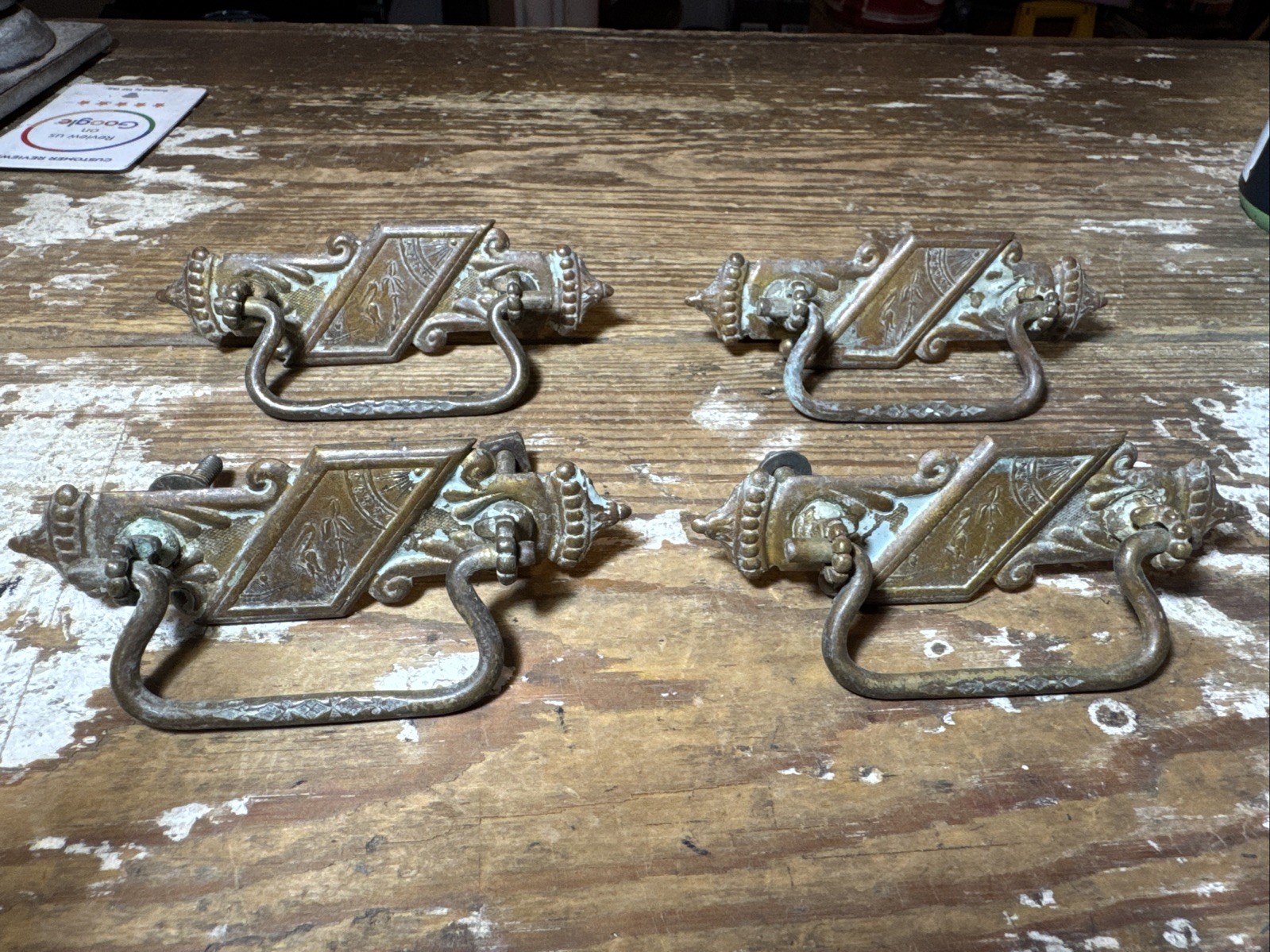 Set of 4 Antique Victorian Eastlake Brass Bail Drawer Pulls Ornate Hardware