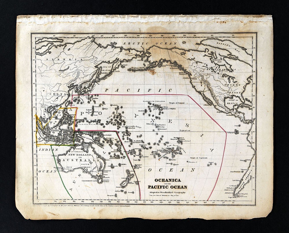 1843 Woodbridge Map Oceanica Pacifi Ocean Austalia New Zealand Polynesia Hawaii