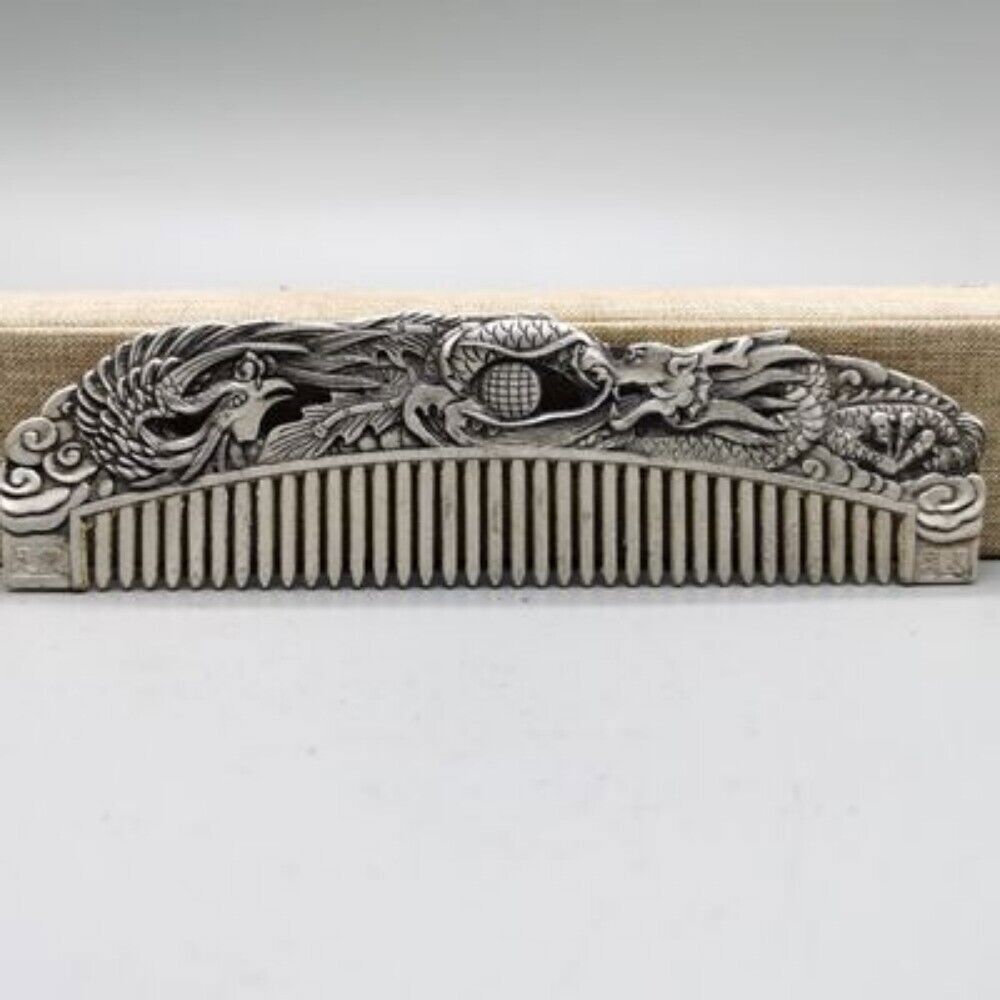 Old Chinese tibet silver handcarved Dragon Phoenix Comb statue f501