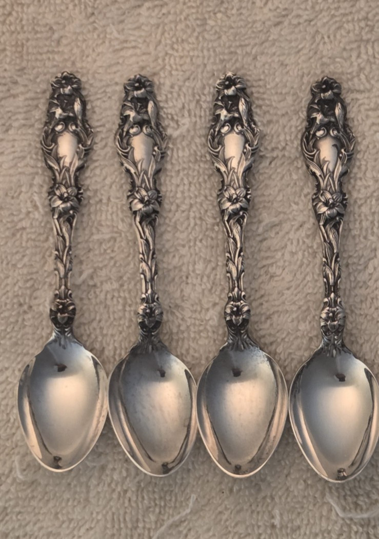 LILY GORHAM/WHITING set 4 sterling silver DEMITASSE SPOONS No Mono Gorham mark