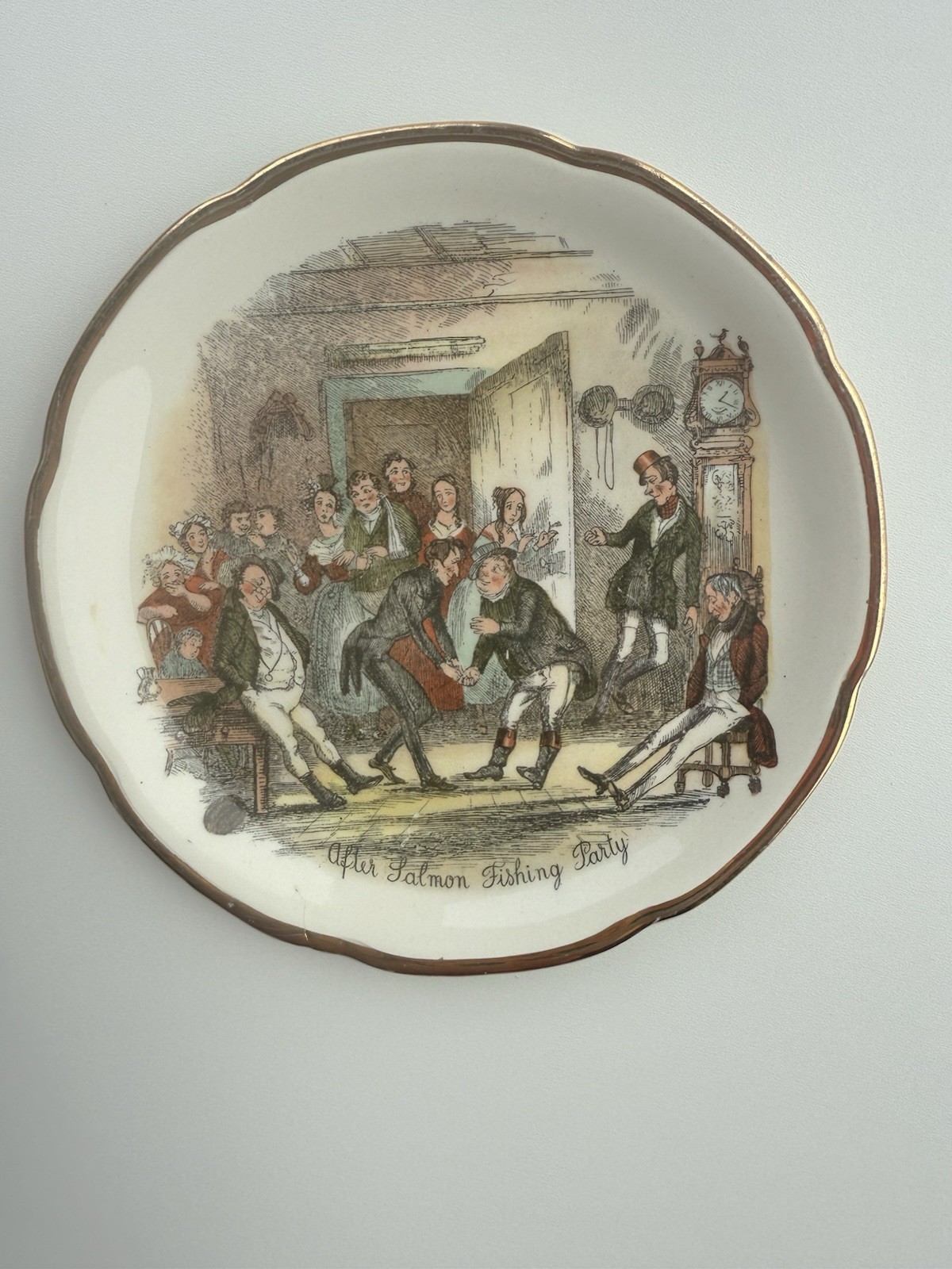 Pall Mall Ware “After Salmon Fishing Party” Plate FWR Gold Rim Rare Vintage