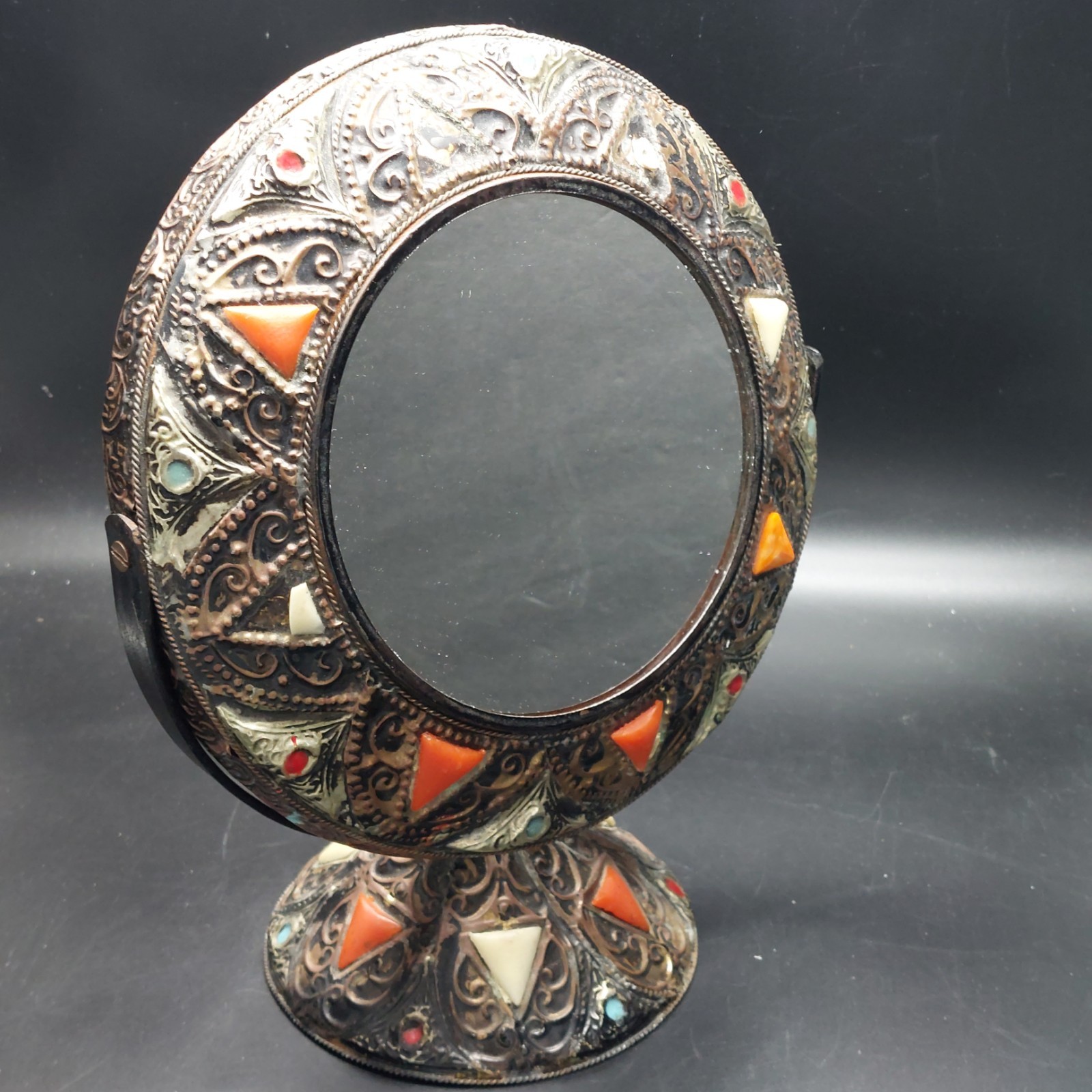 Moroccan Folk Art Handmade Tabletop Round Vanity Mirror Makeup Mirror Inlay