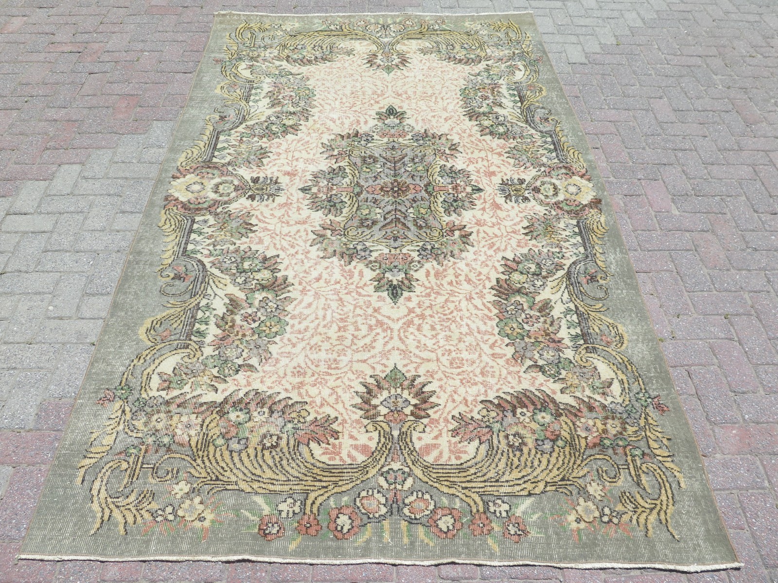 Sage Green Vintage Distressed Turkish Large Carpet, Handmade Wool Rug 70″x114″