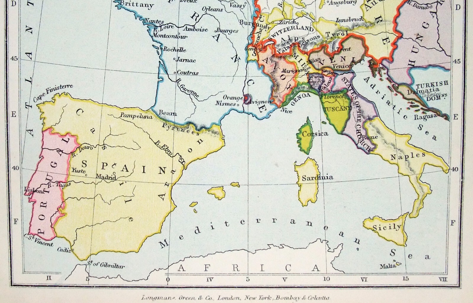Vintage Longmans Map of Western Europe in the Year 1525