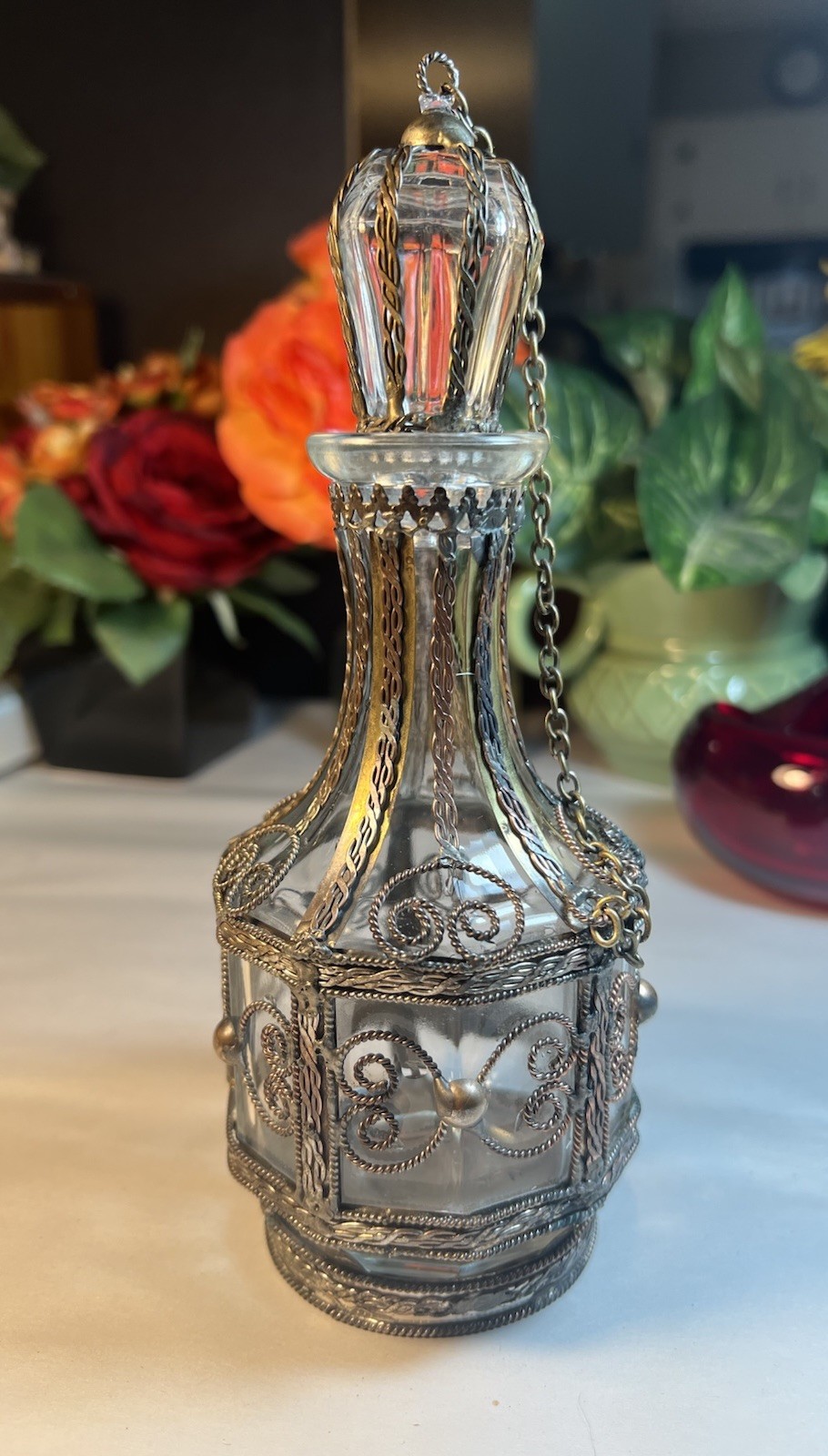 VTG GLASS BOTTLE SILVER PLATED, BRASS, COPPER OVERLAY BOTTLE 1900’s UNIQUE