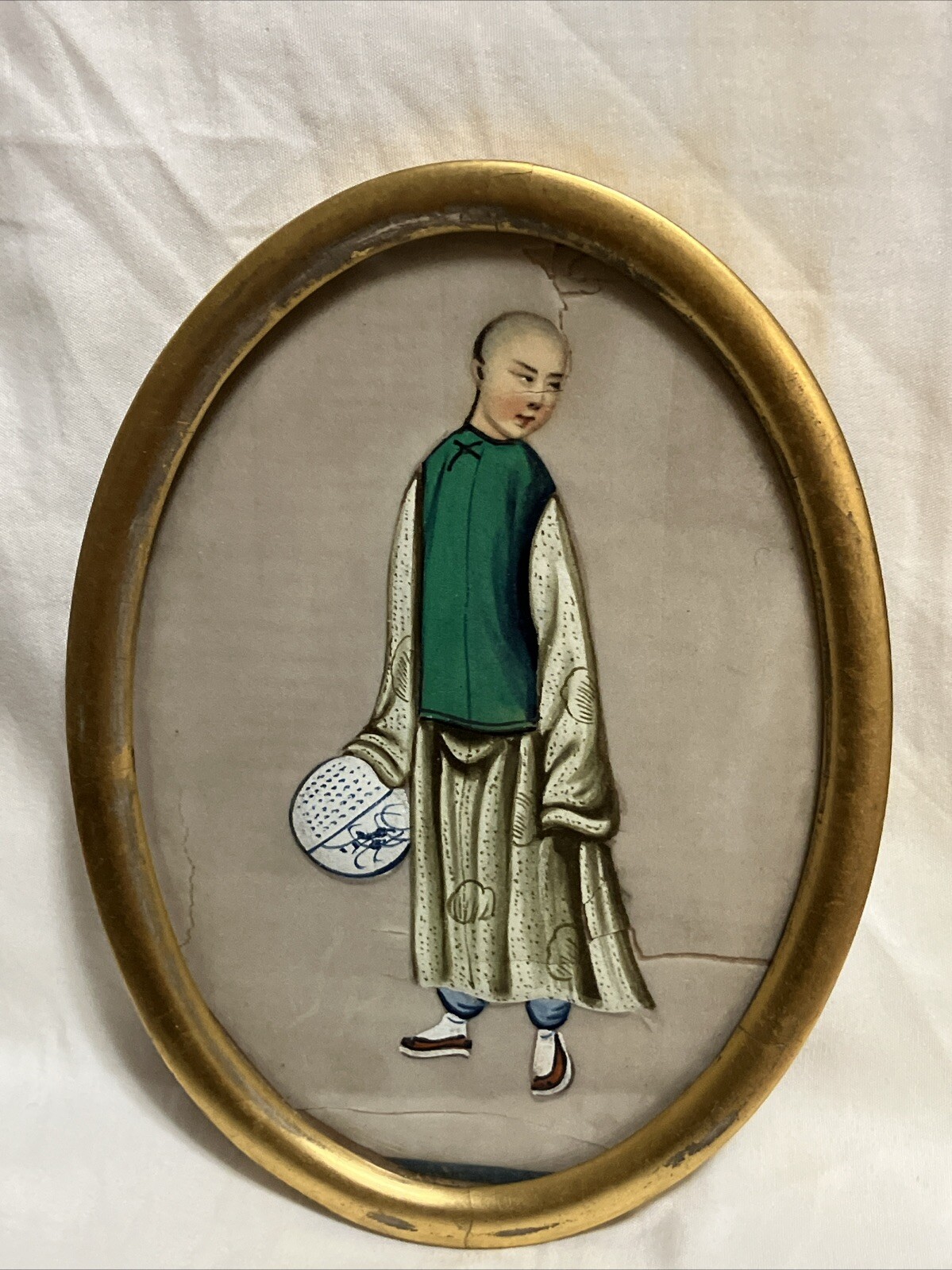 Antique Chinese Rice Pith Paper Painting Original Fram Young Men Or Boy AS IS