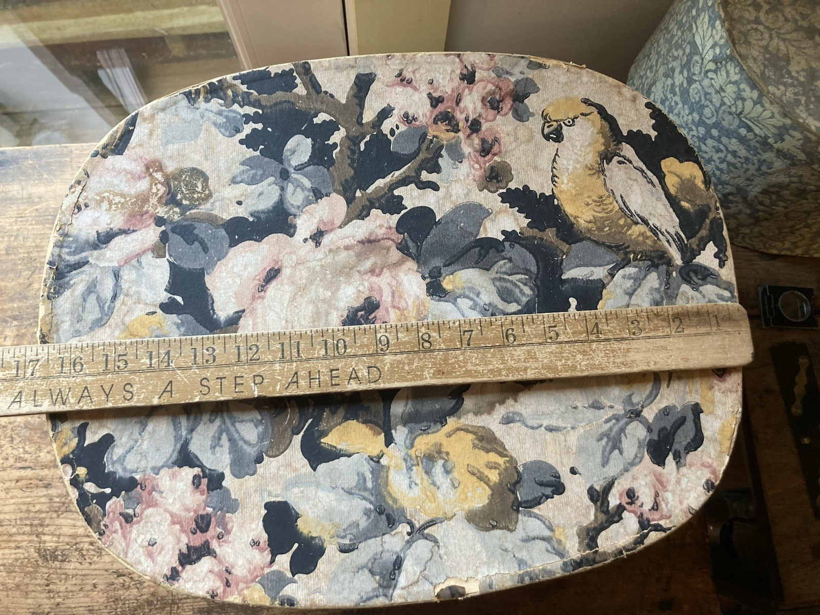 Beauty! Dated 1869 Antique Primitive 19th C Victorian Wallpaper Hat Box Parrot
