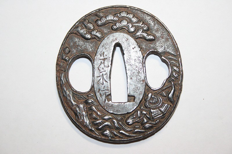 Japanese Tsuba Sword Fittings Iron Fuji Battle Scene Signed Mei Kouei