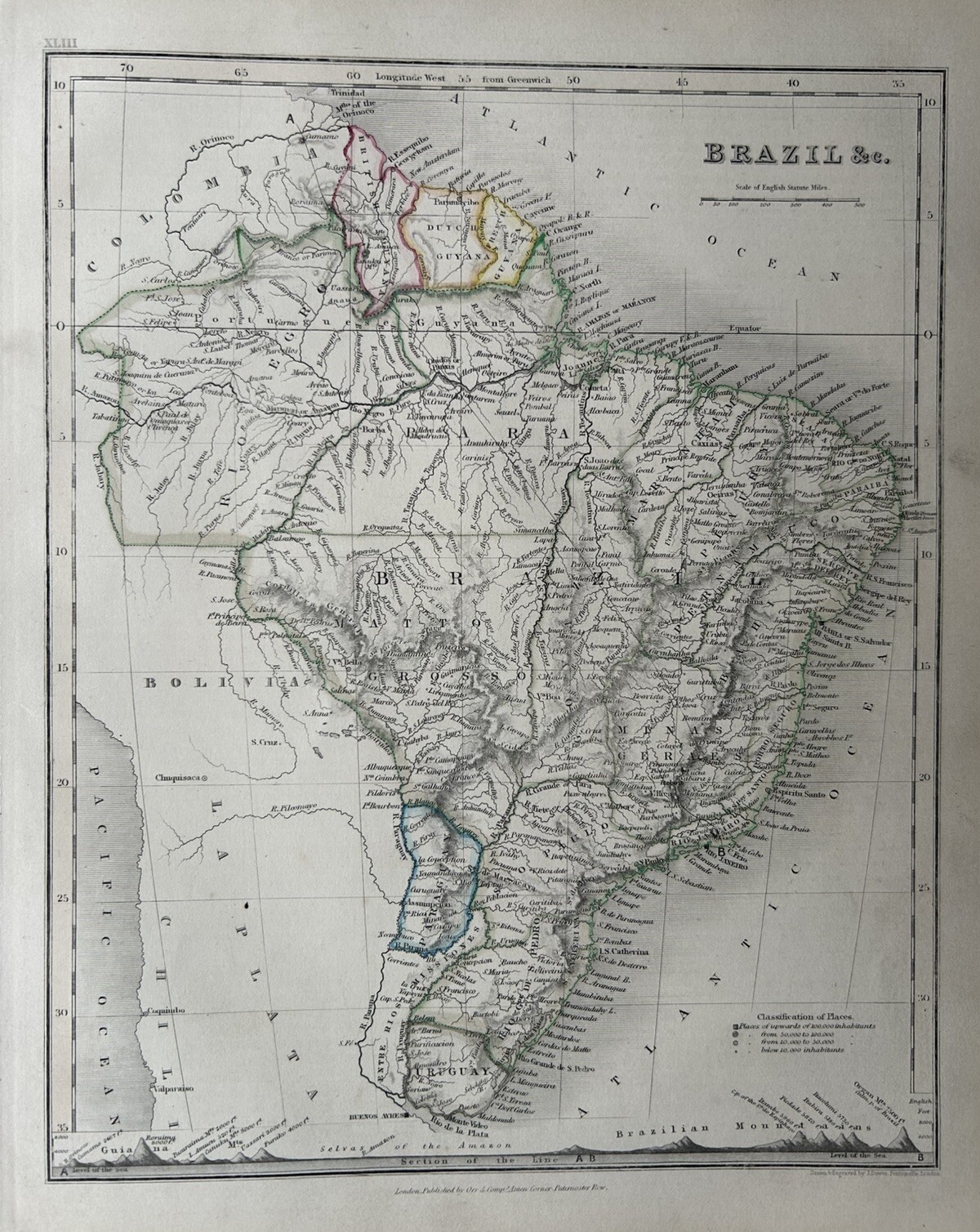 1850 Brazil Hand Coloured Antique Map By John Dower Showing Mountains