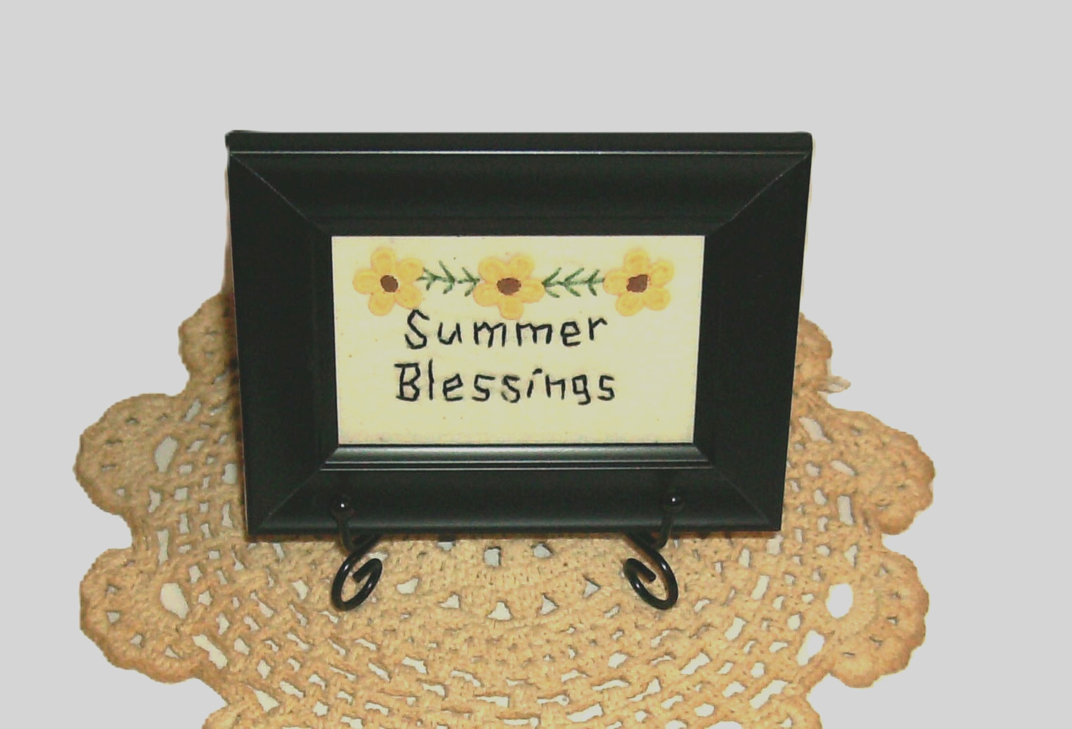 Primitive mini stitchery “Summer Blessings”-#B–frame w/glass–black metal stand