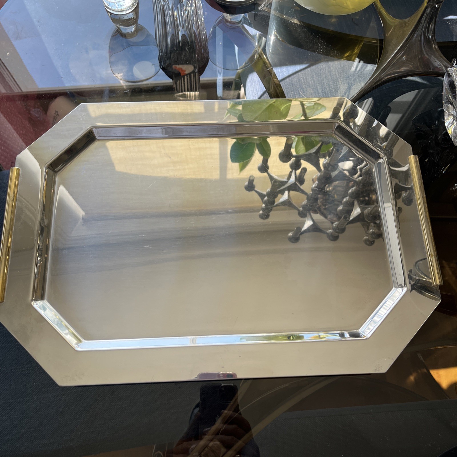 LUXURY VAN CLEEF & ARPELS PARIS CHROME SERVING TRAY WITH brass plate HANDLES