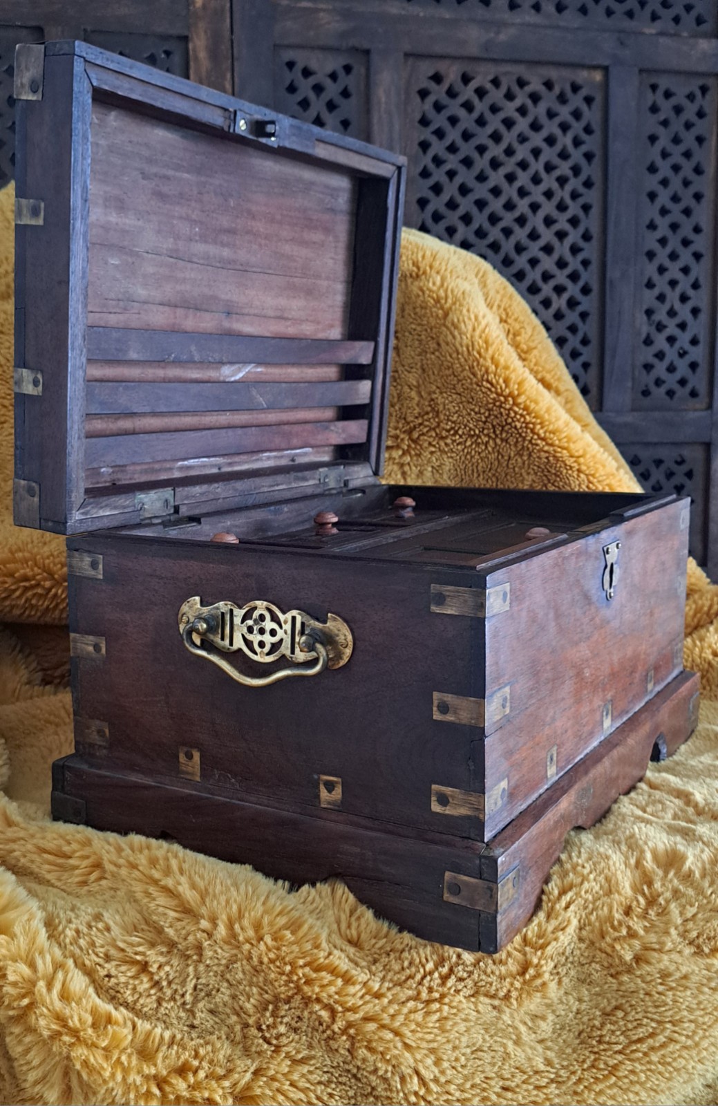 Antique Wood and Brass Campaign Box Dowry Box Cash Box Organiser Circa 1900’s