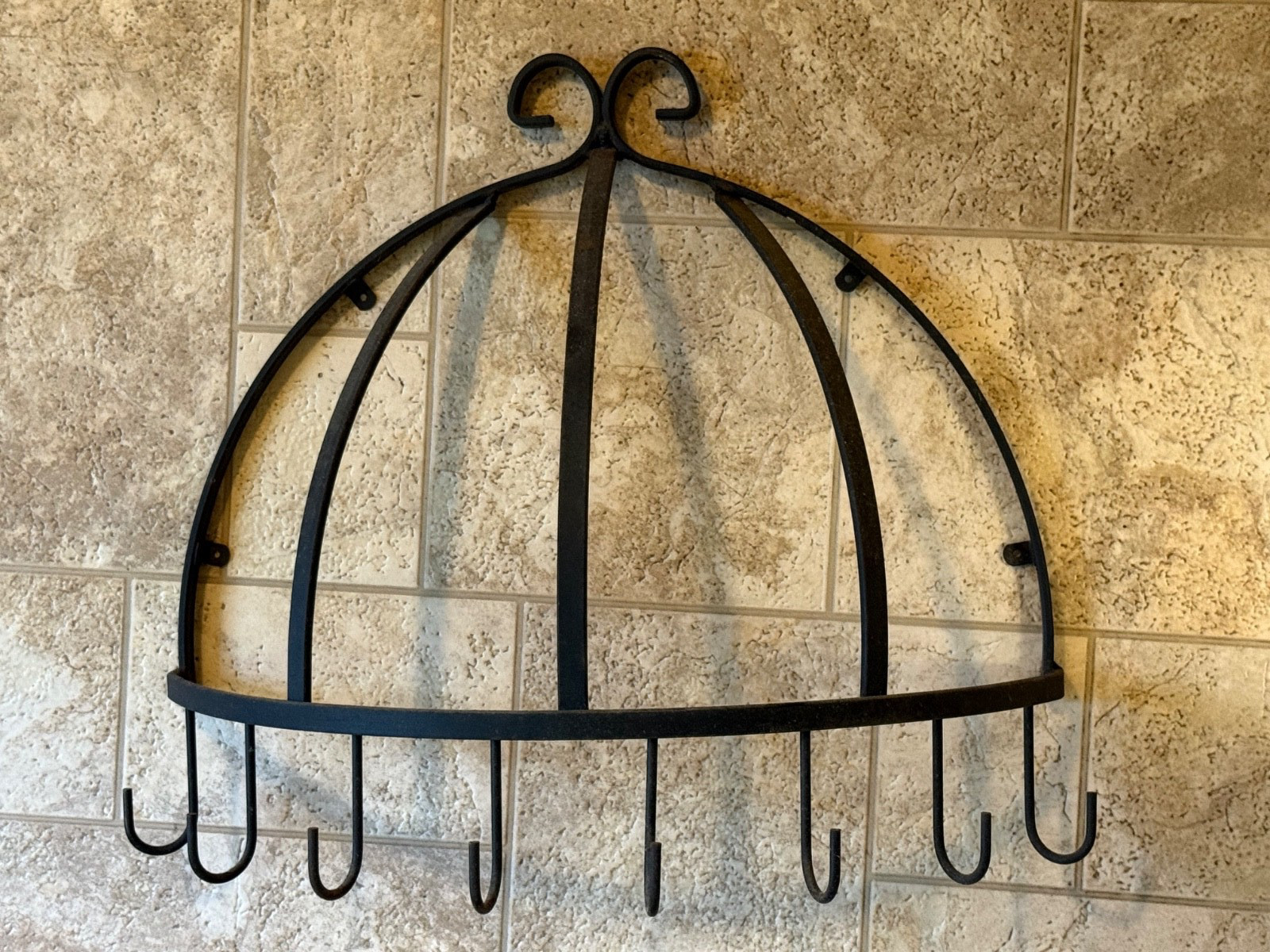 VINTAGE WROUGHT IRON SCROLLED FARMHOUSE KITCHEN UTENSIL or POT RACK 17” WIDE