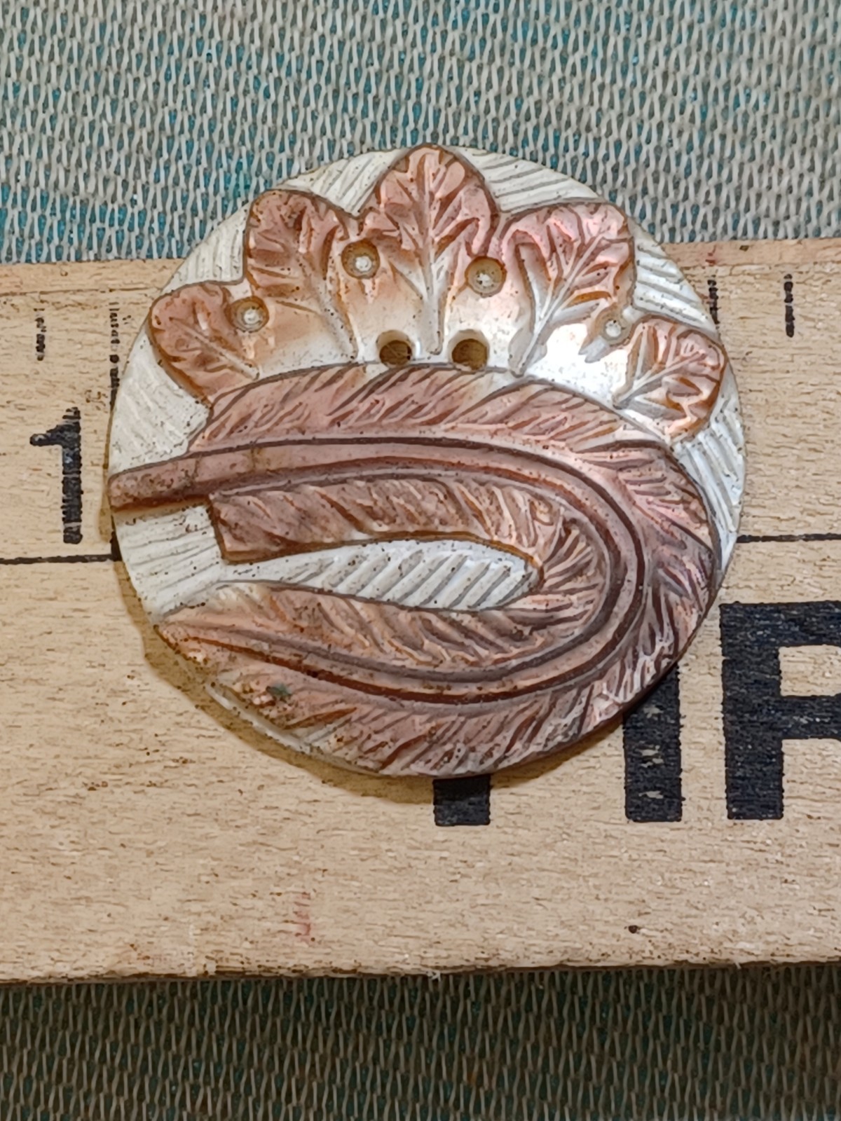 Flapper Girl Button, Antique Carved Mother of Pearl Boa & Feather, Work of Art!