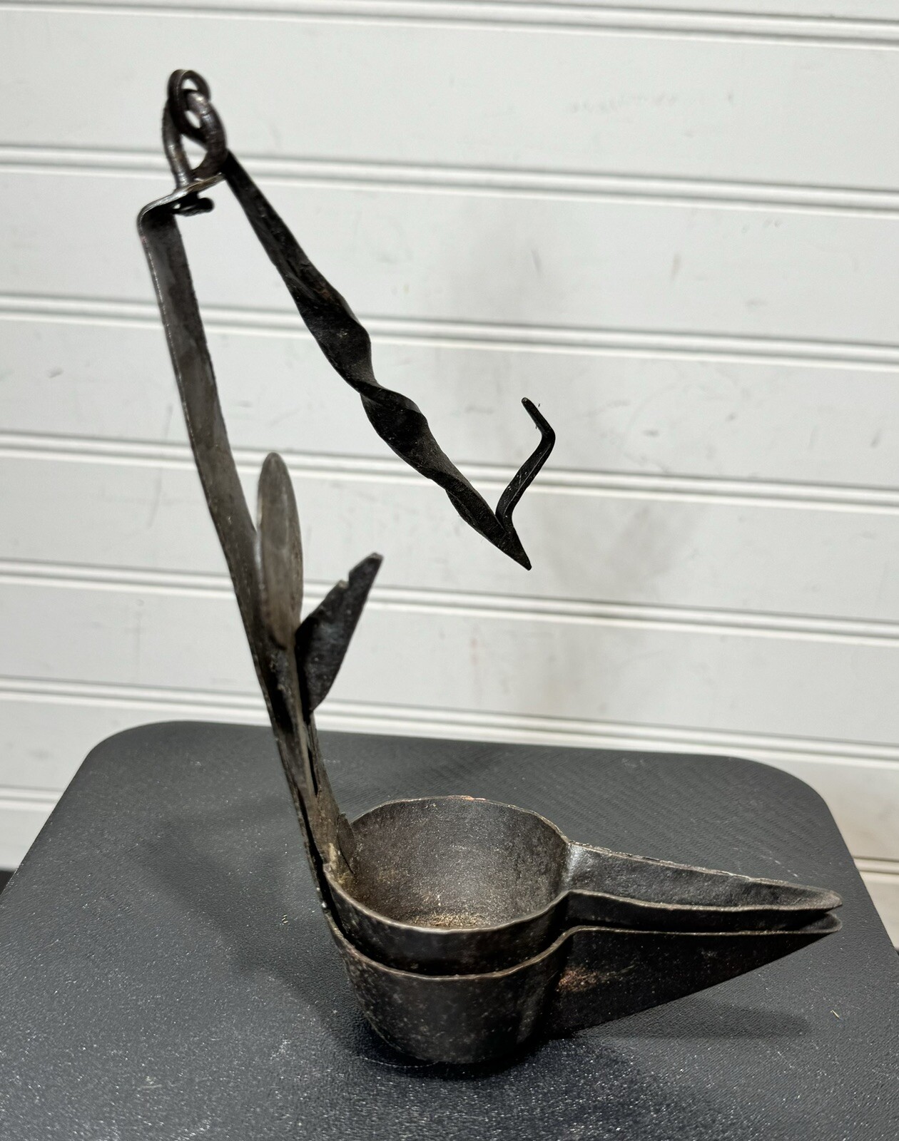 Antique Wrought Iron Whale Oil Fat Double Betty Lamp with Twisted Hanger & hook