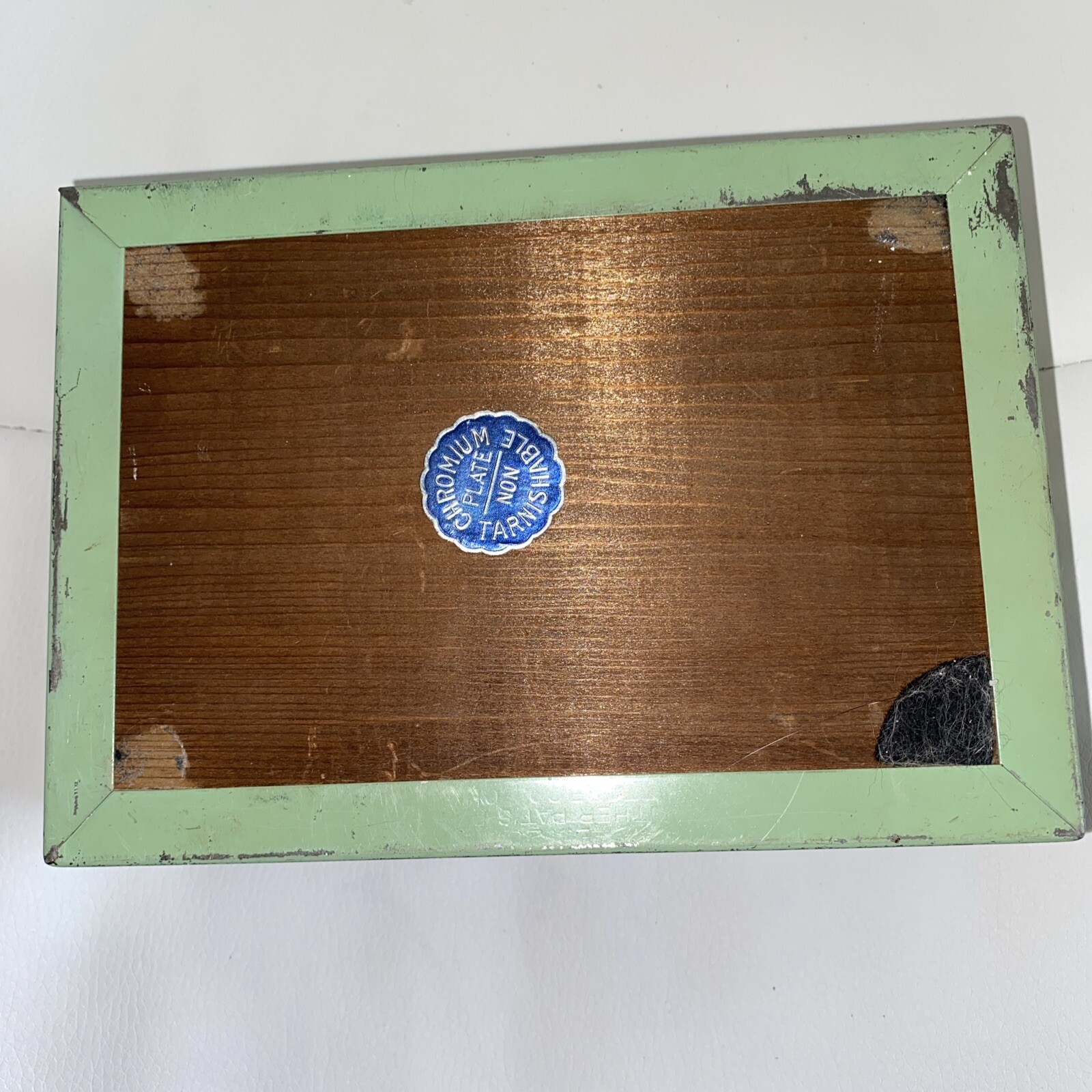 ART DECO CHROMIUM DRESSER JEWELRY BOX SILHOUETTE GREEN METAL WOOD INTERIOR 1920s