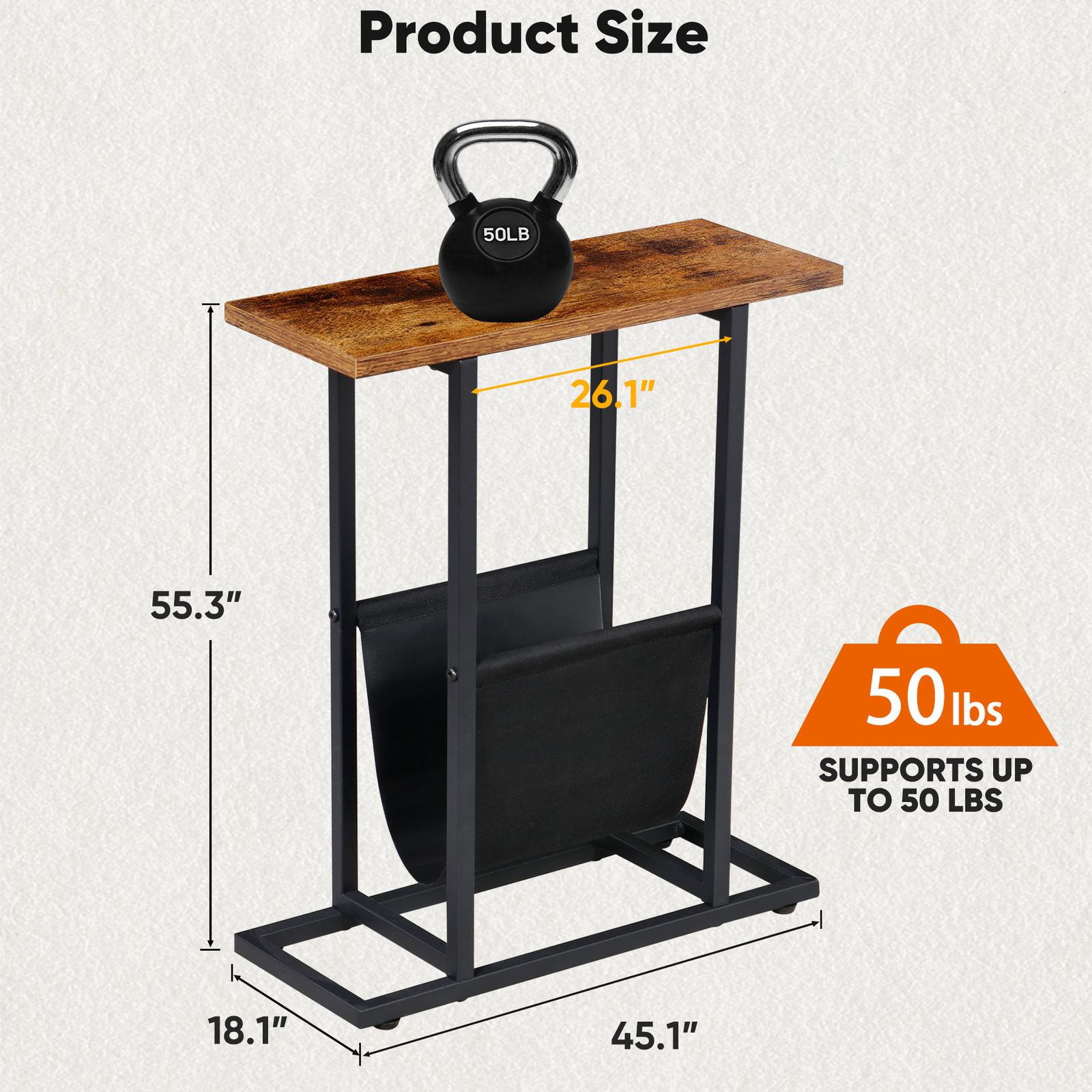 Narrow Side Table for Small Spaces w/Metal Frame Magazine Holder Rustic Brown