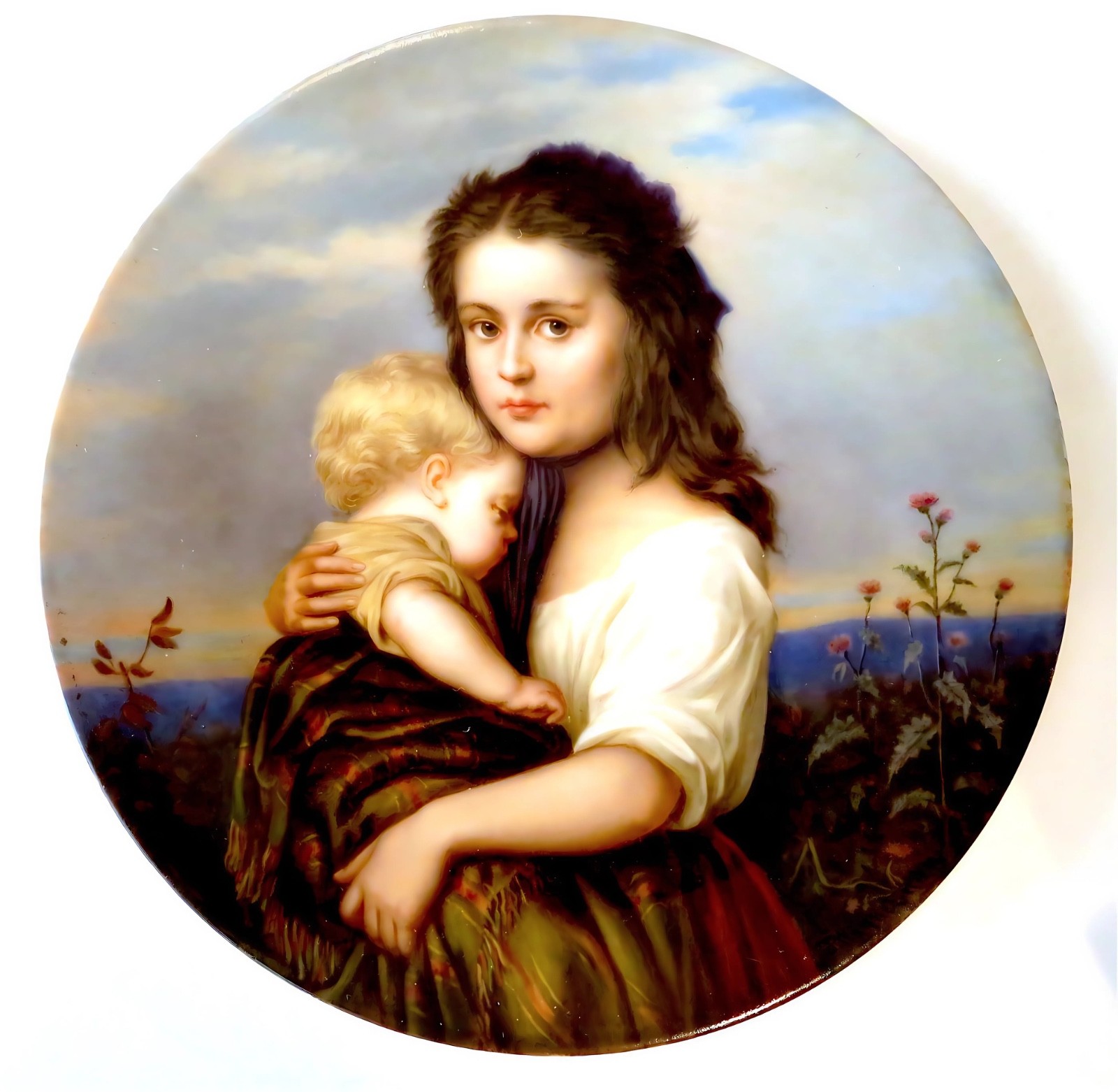 GERMAN Porcelain ANTIQUE – 19th Century Plate/PLAQUE Young GIRL AND Child