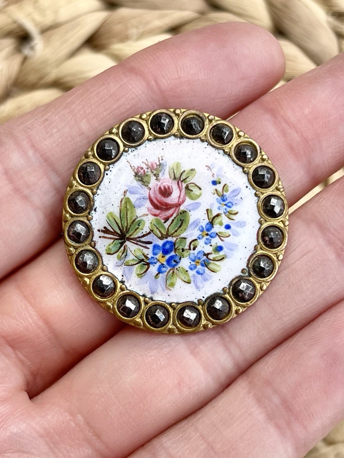 Antique Emaux Peints Bouquet Enamel Button with Cut Steel Border 1 & 1/4″