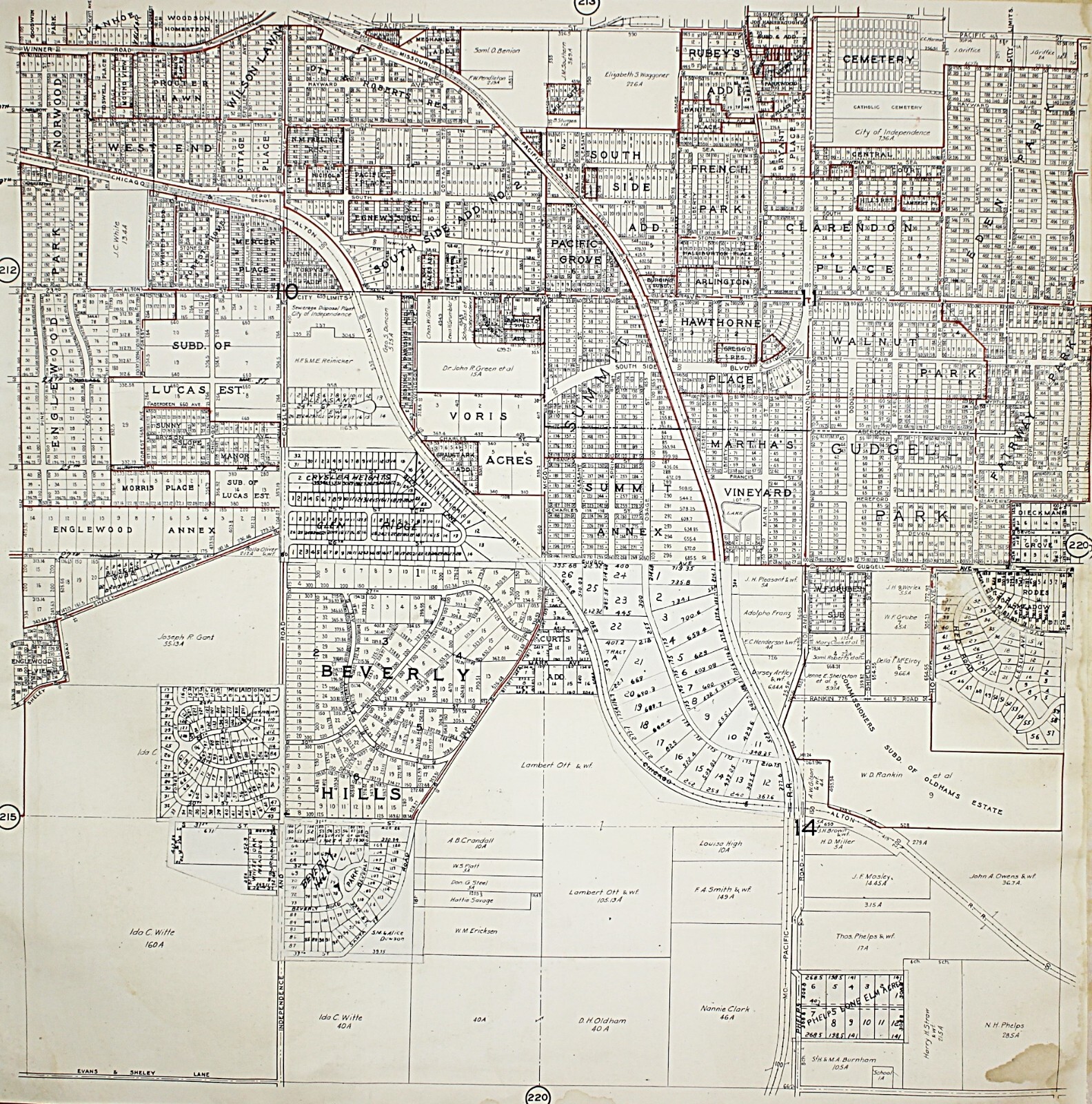 1925 Kansas City Missouri Atlas Plat Map RARE Color Lithograph Plate #214 & 215