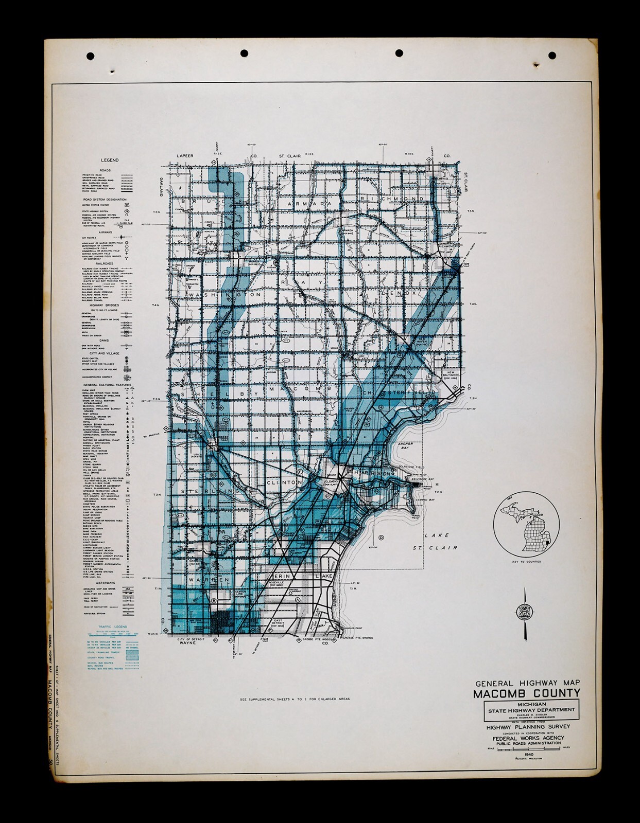 1940 Michigan Highway Map Macomb County N. Detroit Lake St. Clair Mt. Clemens MI