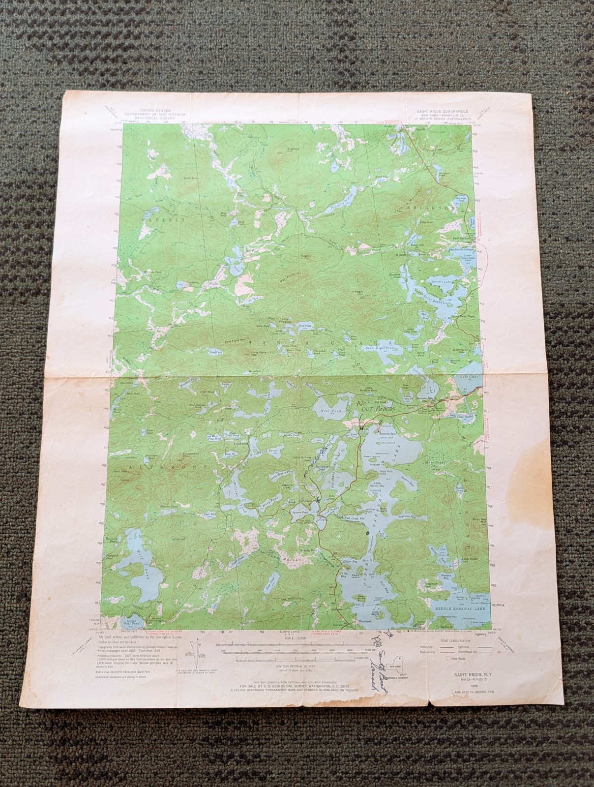 Vintage 1955 Saint Regis Topo Map, Adirondack Mountains, Fornerly Folded