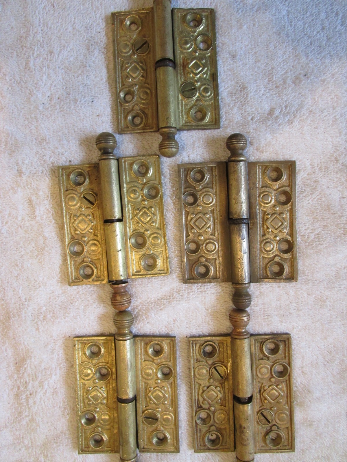 5 Matching Eastlake Brass Door Hinges Ball Pin Tops 4 1/2″