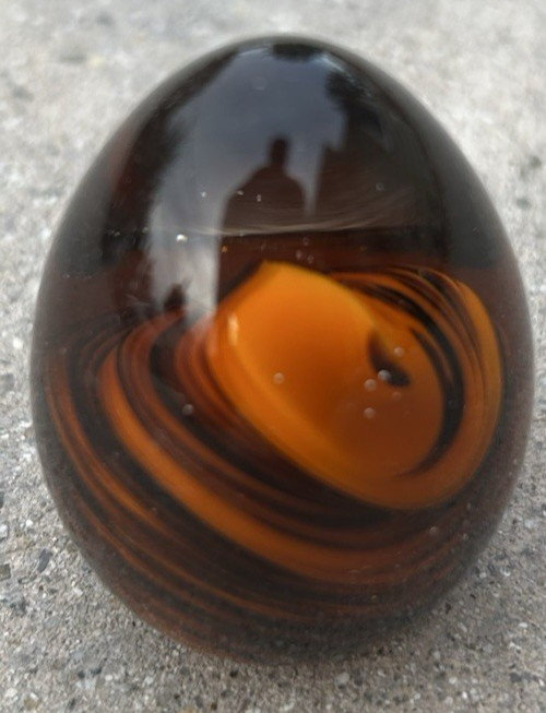 Amber Swirl Blown Glass Small Egg Paperweight White Center Tiger Stripes