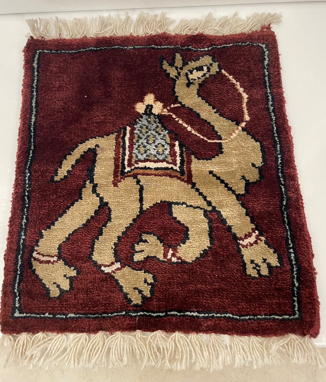 Antique?Prayer Rug Camel design Rare Unique 11.25”12.25”Hand-knotted silk blend