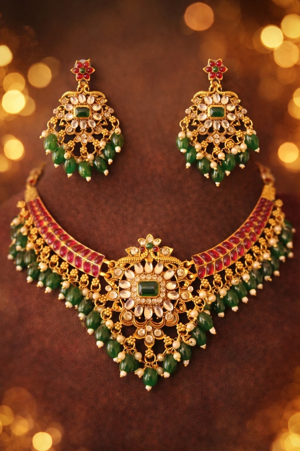 Beautiful Indian Kemp necklace Gold with green beads and charming Earring