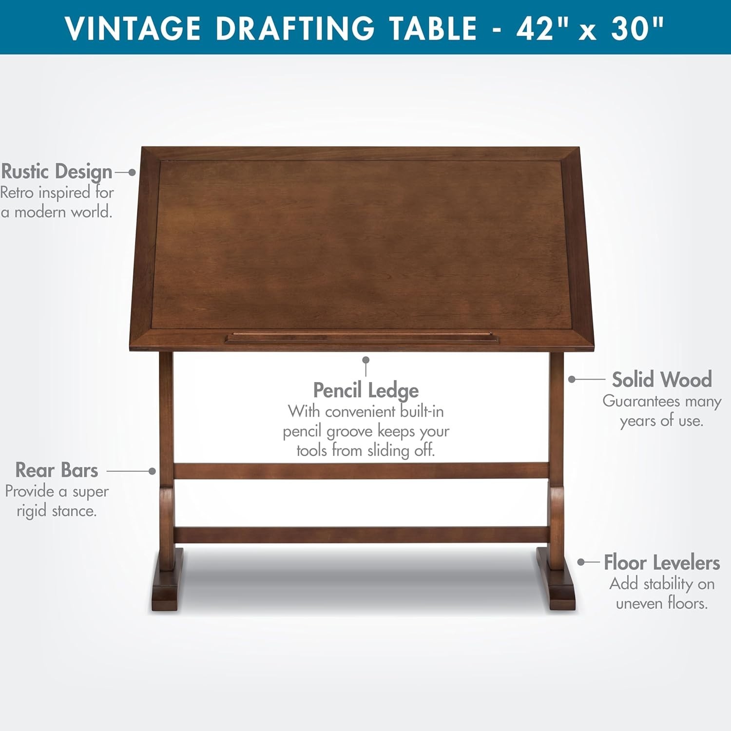 Vintage Drafting Table Solid Wood Adjustable Surface Pencil Ledge Art Studio