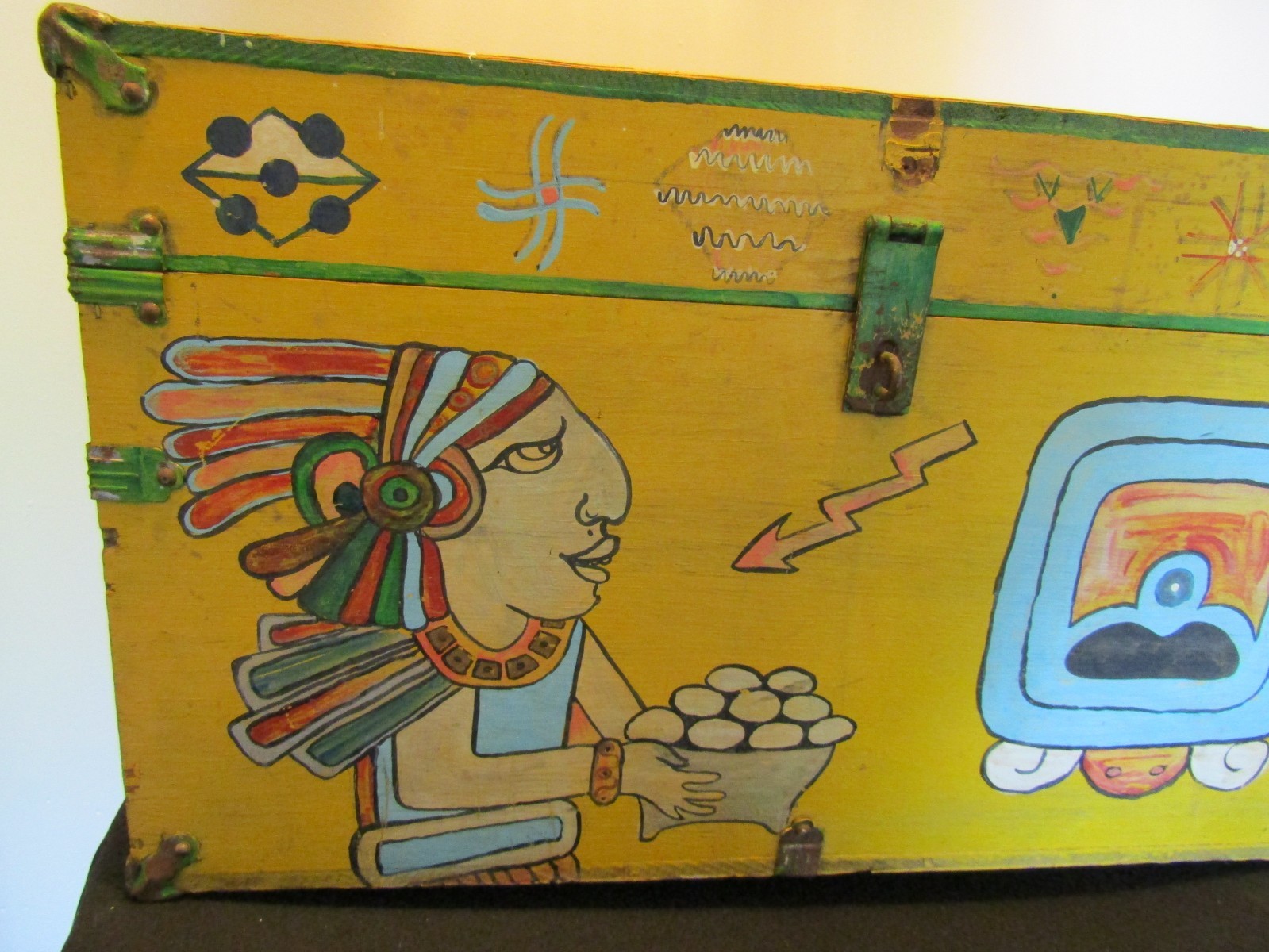 Antique Travel Trunk Meso Native Symbols Folk Art Hand Painted Shawnee