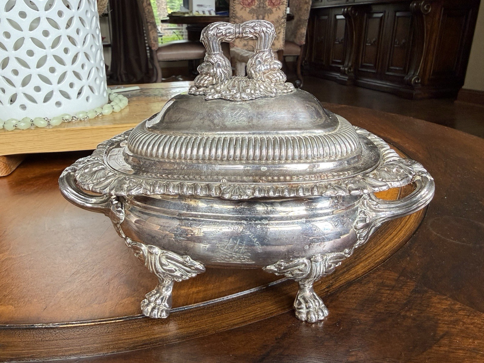Vtg 1830s Old Sheffield Plate Soup Tureen +Lid w/ Family Crest 75+% Silver 1 kg!