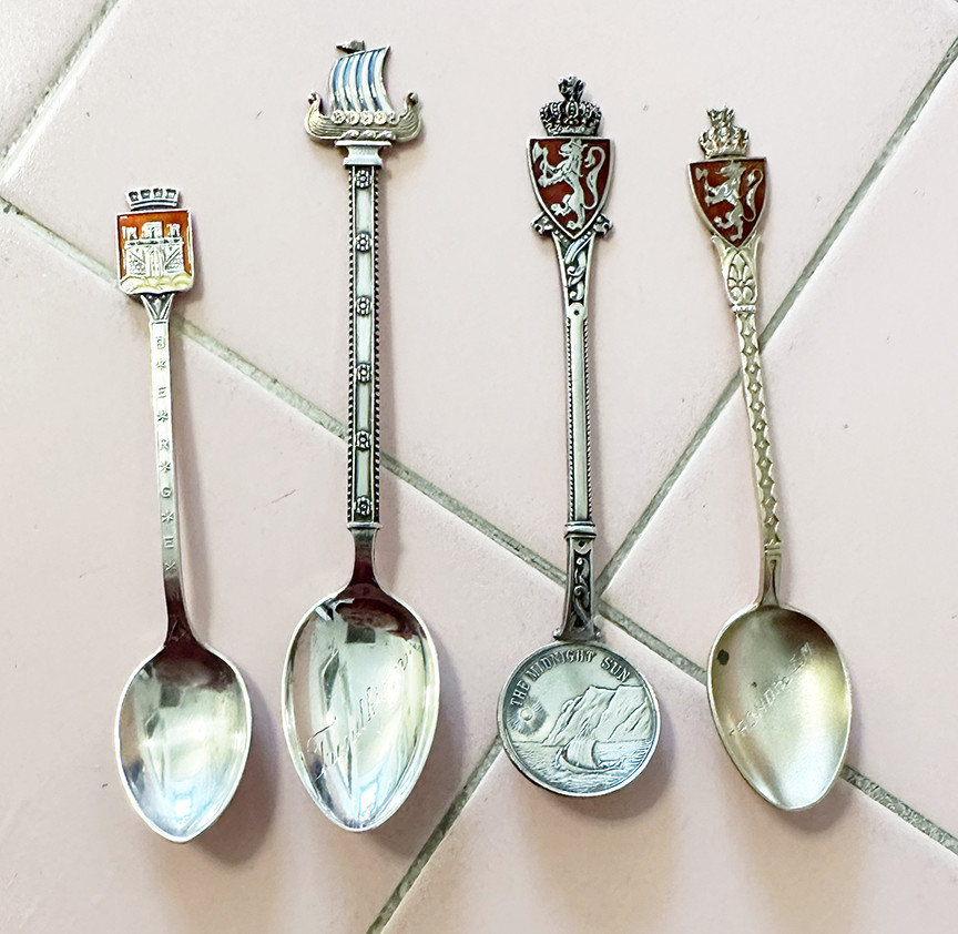 Lot 4 Sterling Silver Souvenir Spoons From Norway Viking Ship Lion Midnight Sun