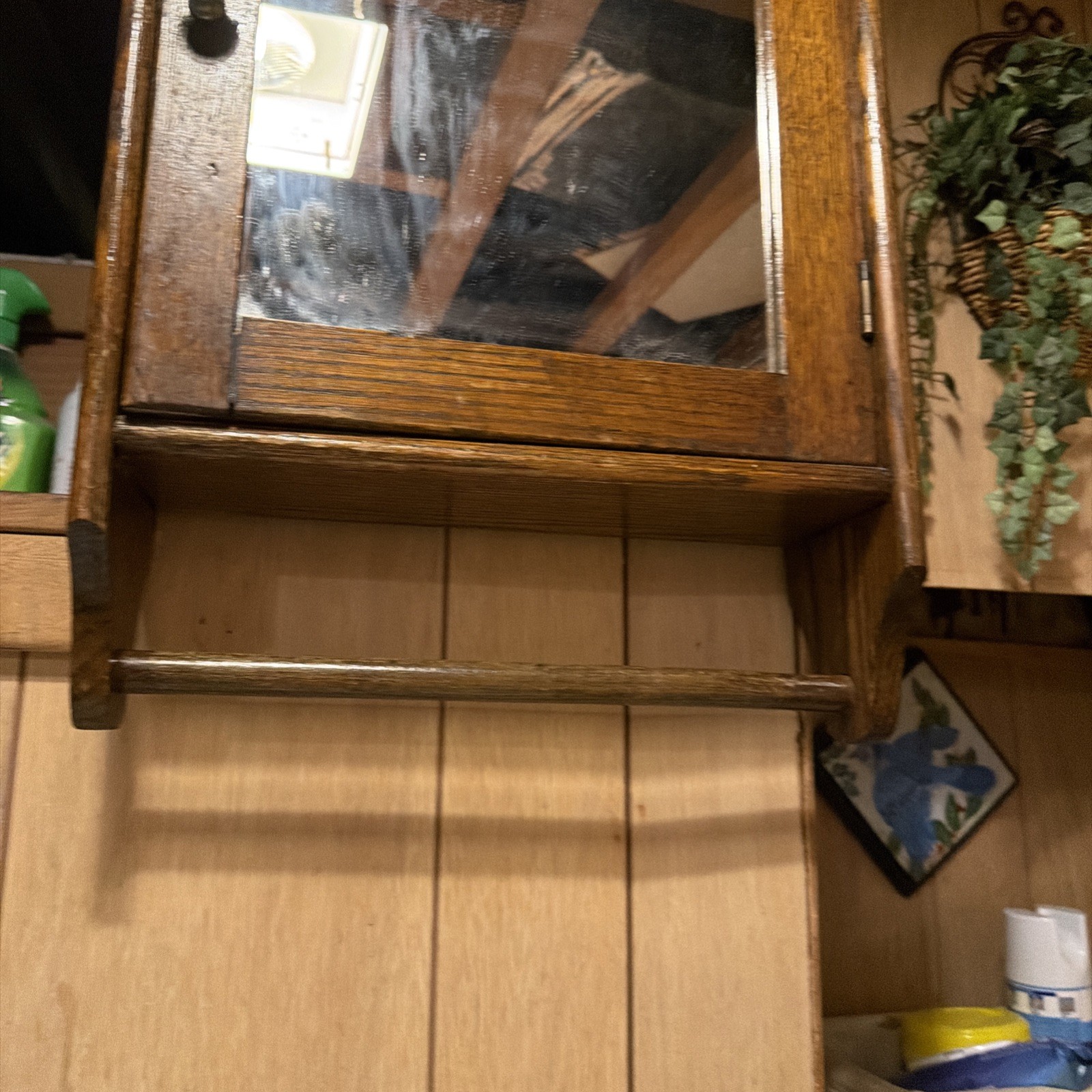Antique Oak Bathroom Medicine Cabinet with Mirror and Towel Bar 1930s