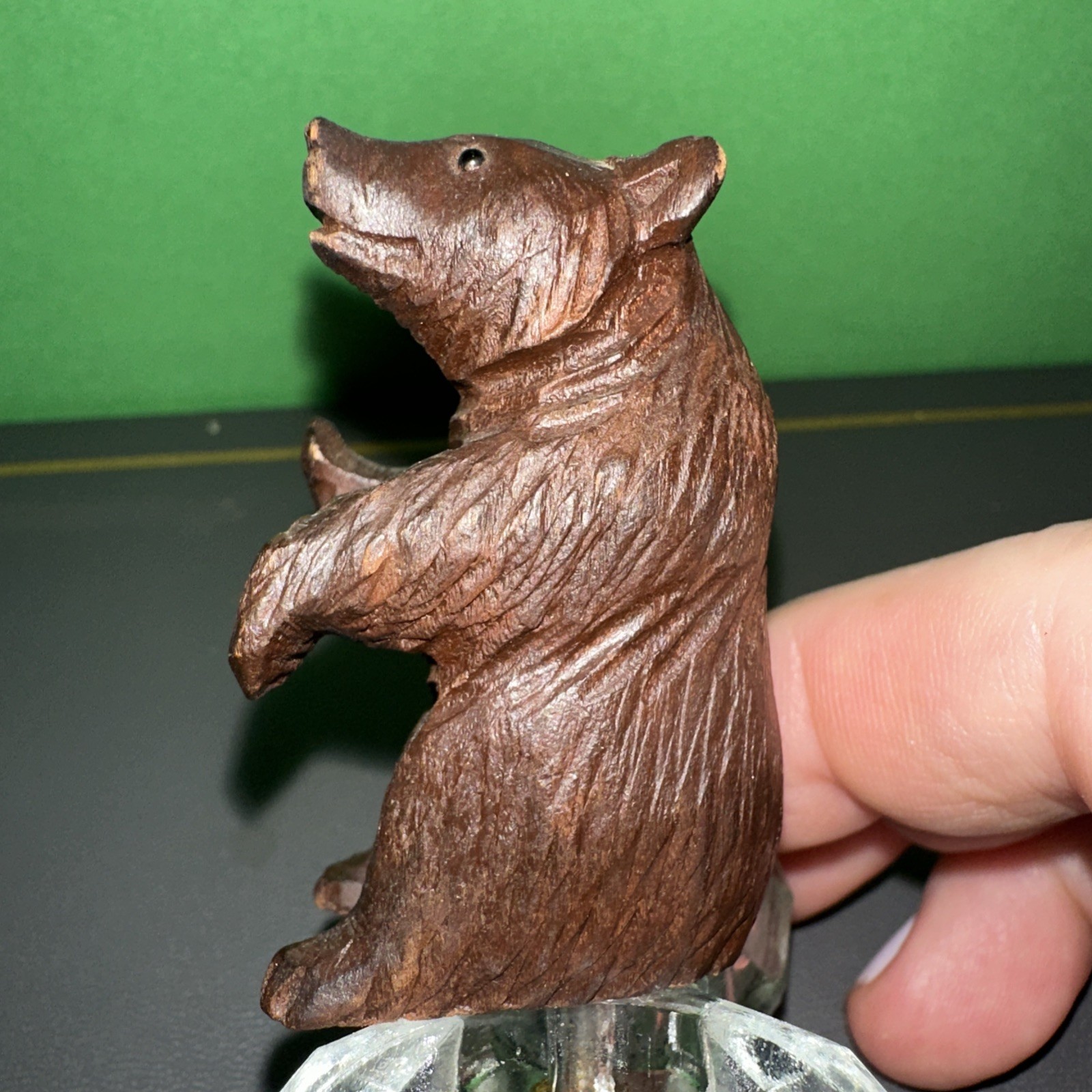 Antique Black Forest Detailed Carved Wood Bear Bead Eyes Salt Cellar