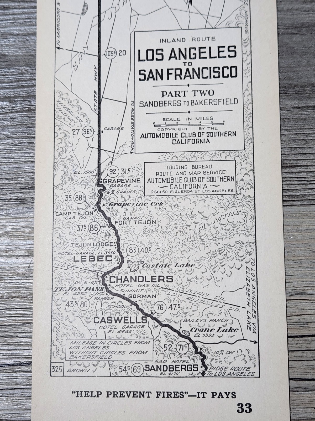 1920s LA to SF Bakersfield Automobile Club of Southern Calif AAA Map #33 Rare