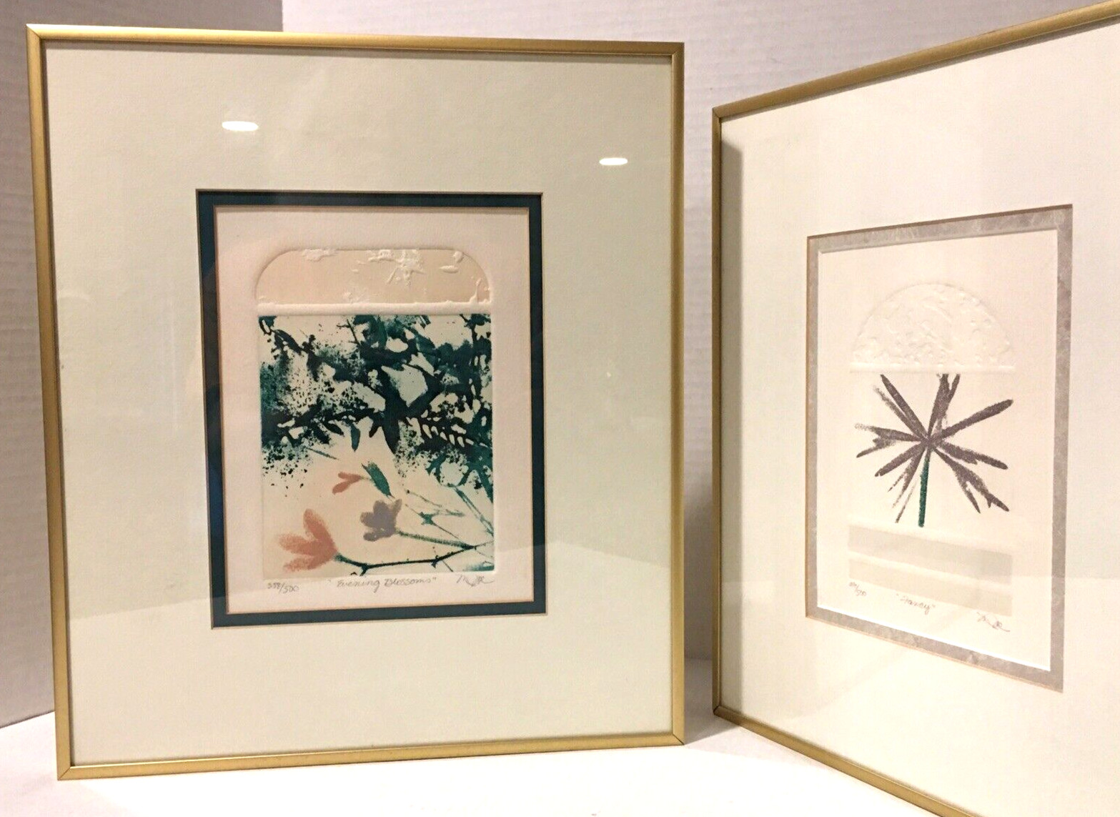 2 singed and numbered Gold Aluminum Framed Embossed Mixed media Prints