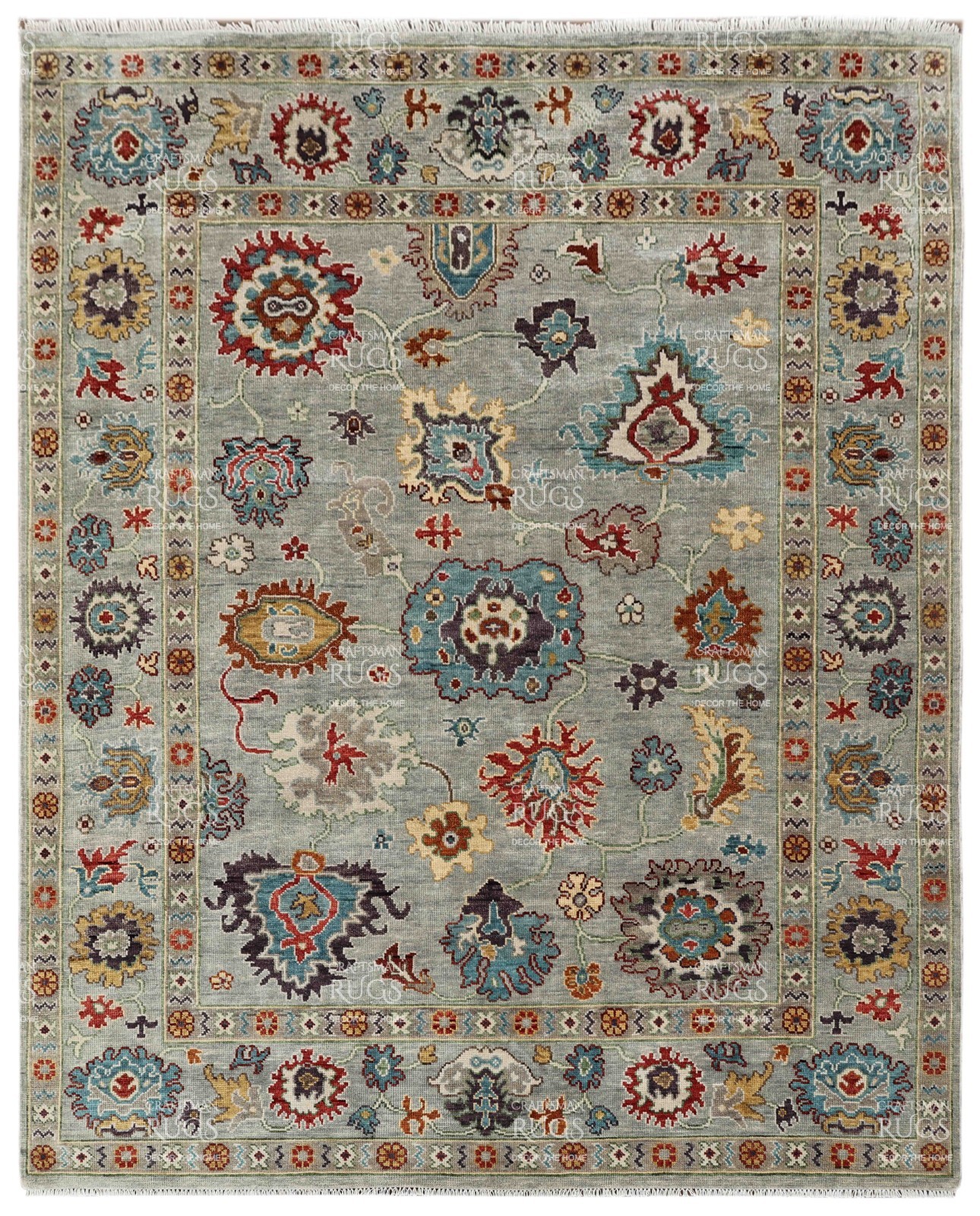 Handknotted Gray Multi Floral Geometric Rug 8×10 ft