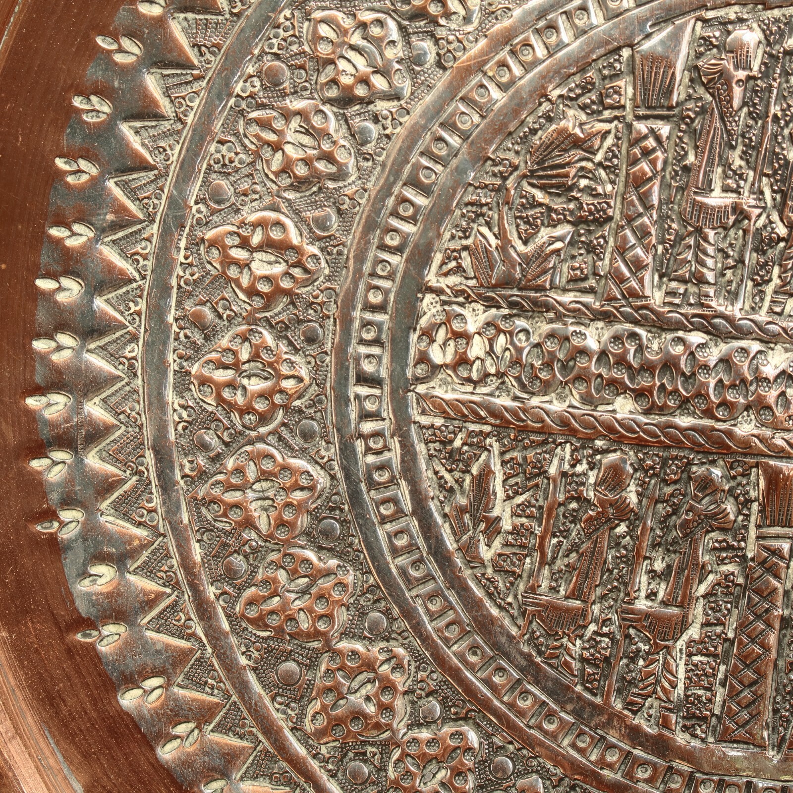 Middle Eastern Tinned Copper Tray Hand Hammered Decorations, 39cm Wide